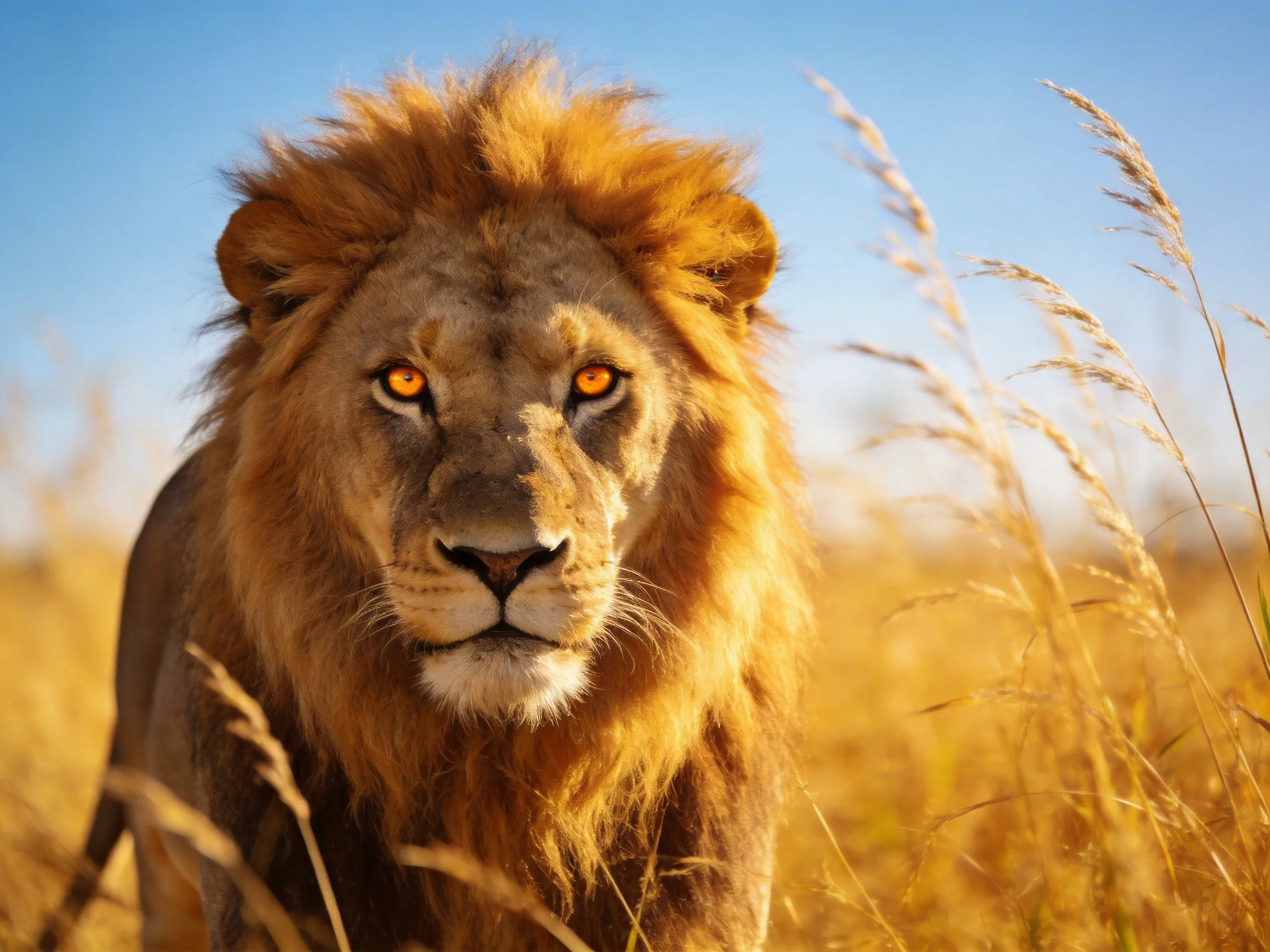 A majestic lion with golden mane in sunlit savannah