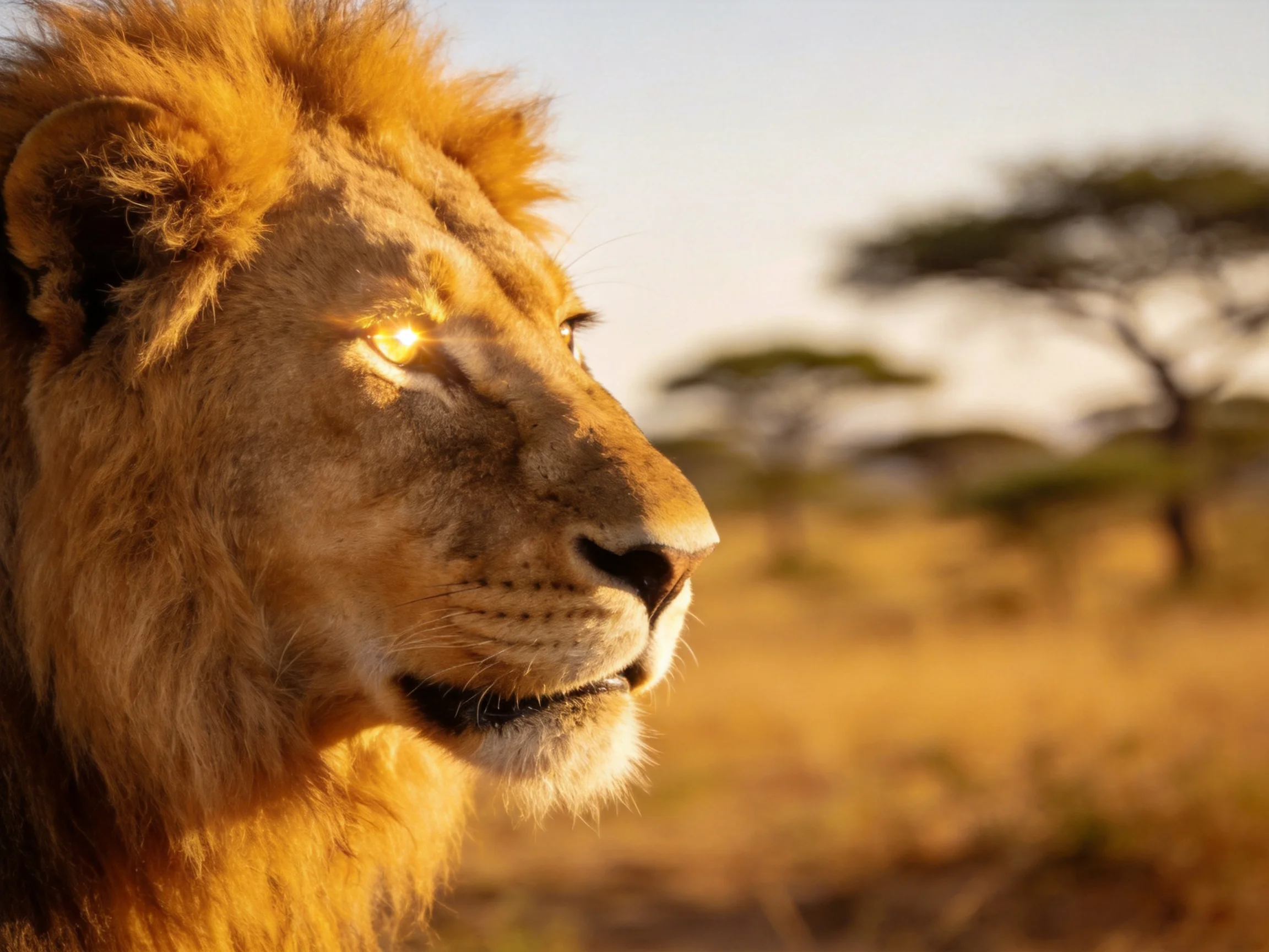 A majestic lion with golden mane in sunlit savannah