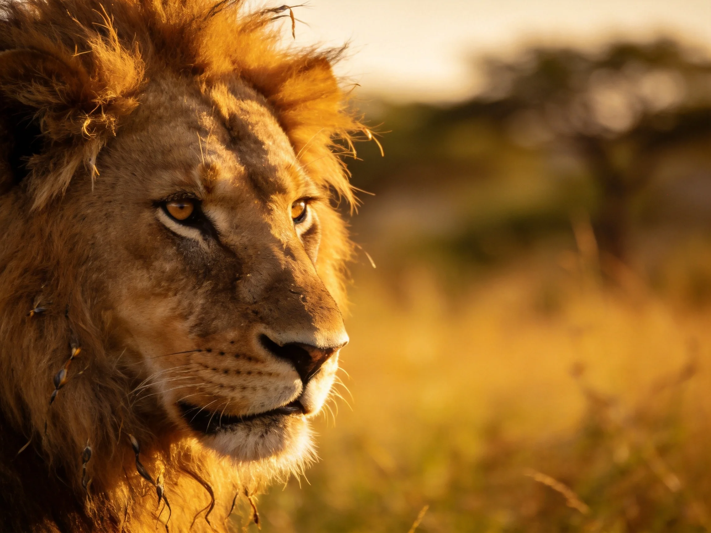 A majestic lion with golden mane in sunlit savannah