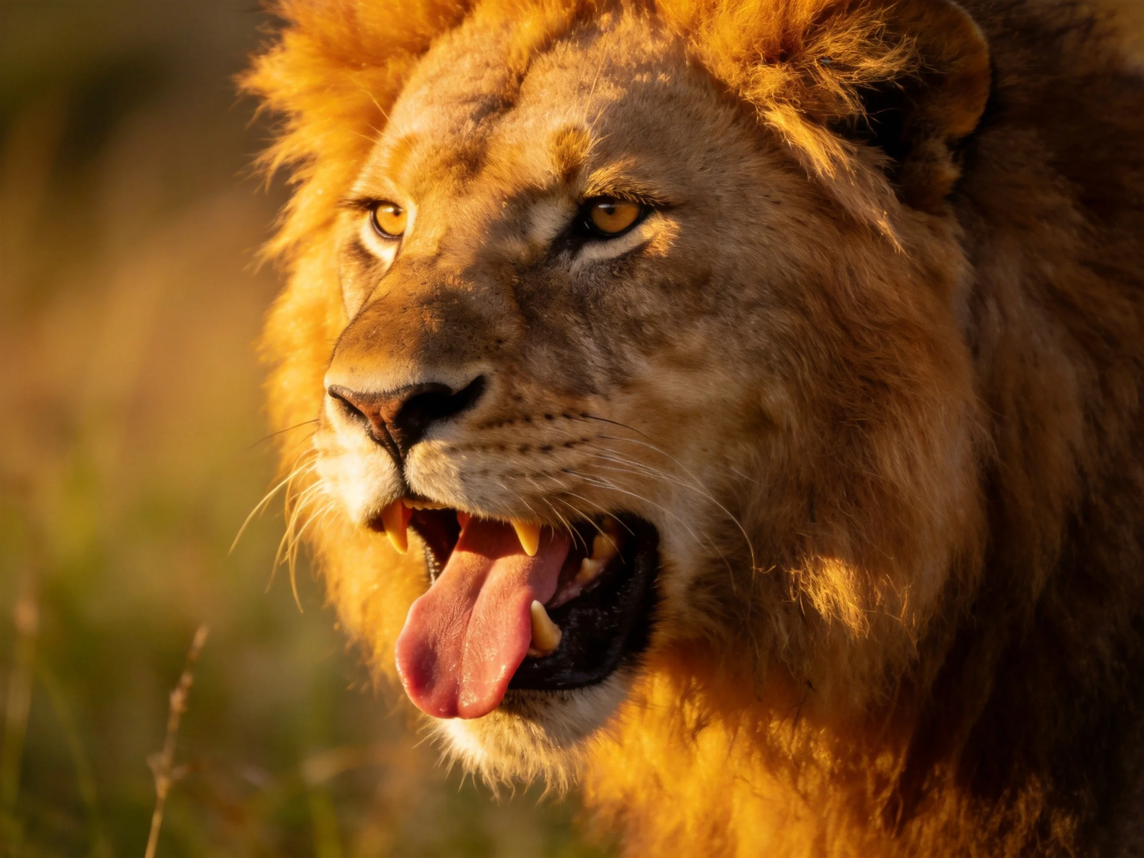 A majestic lion with golden mane panting in natural light