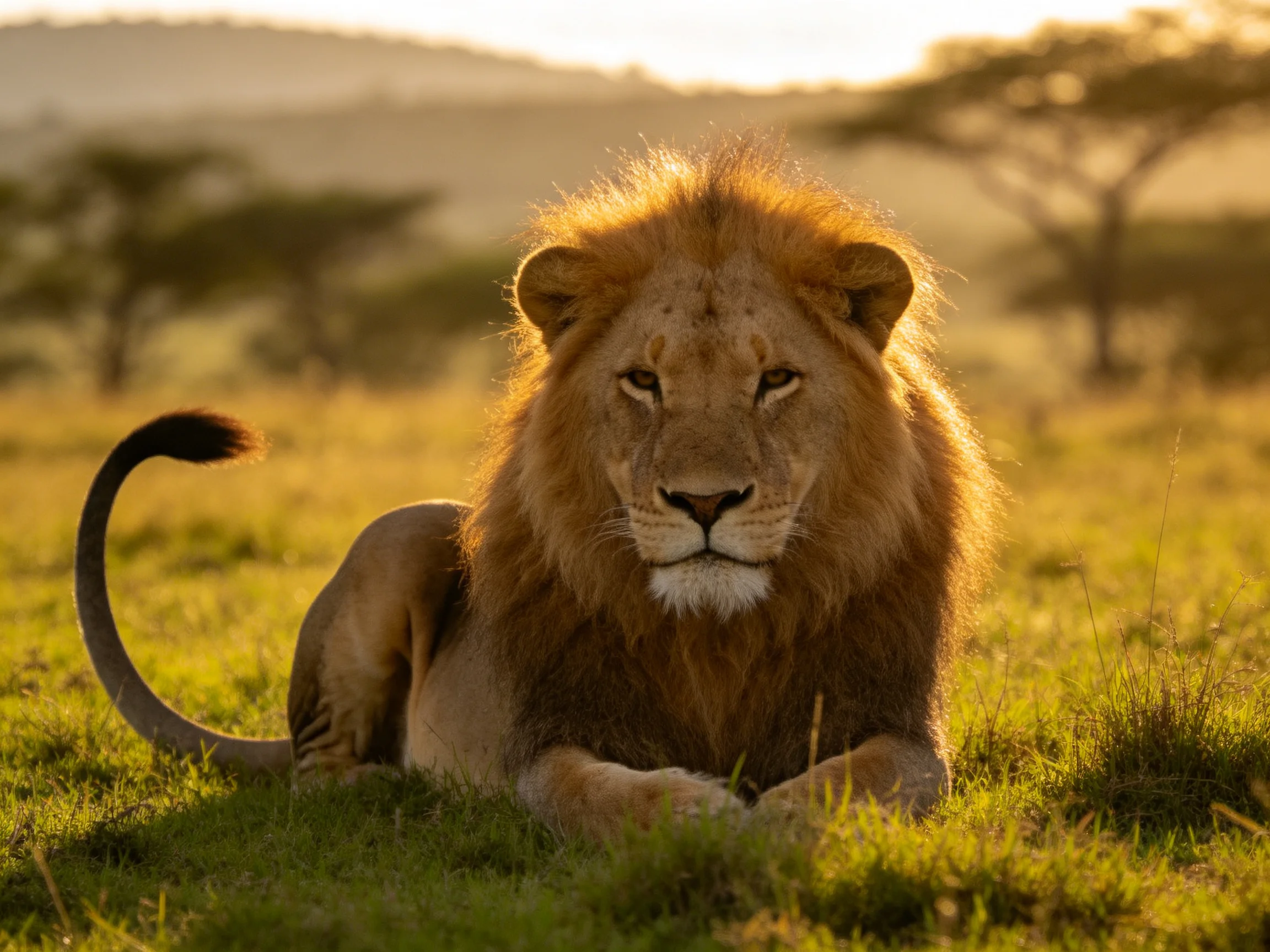 A lion rests serenely in the sunlit savannah.