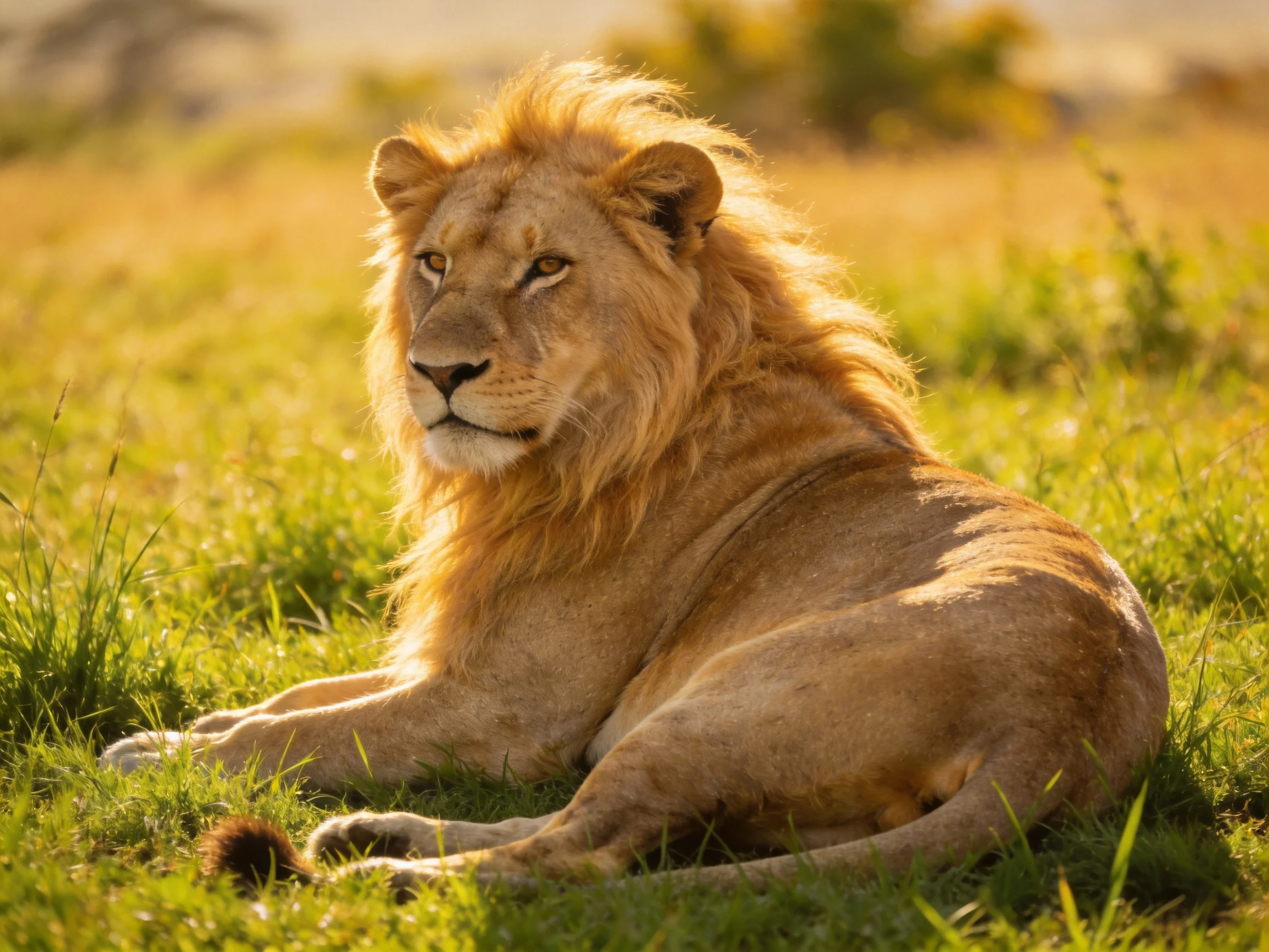 A majestic lion with golden mane rests in sunlit grassland