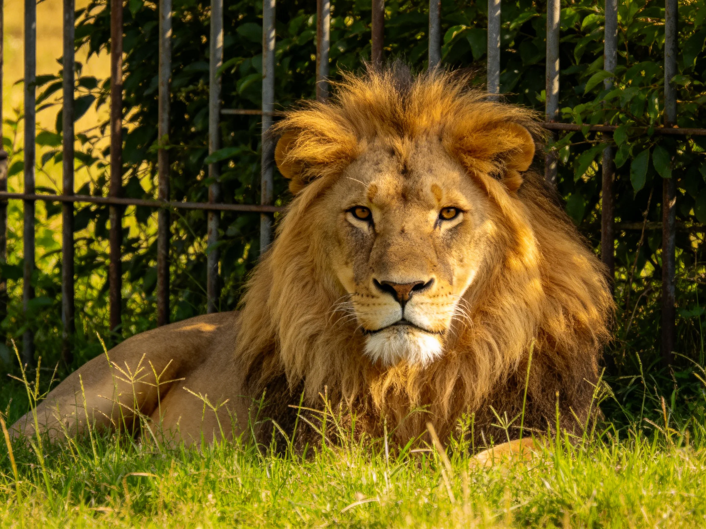 A majestic lion with golden mane rests near a metal fence in a grassy enclosure.