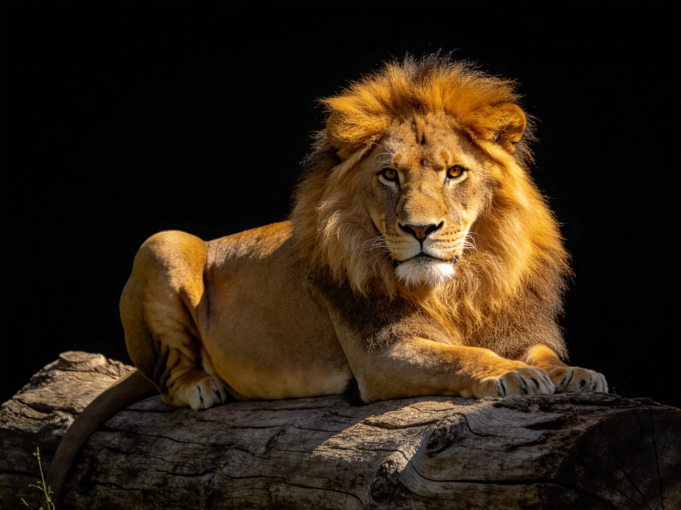 A lion with golden mane relaxes on a large log in a dark setting.