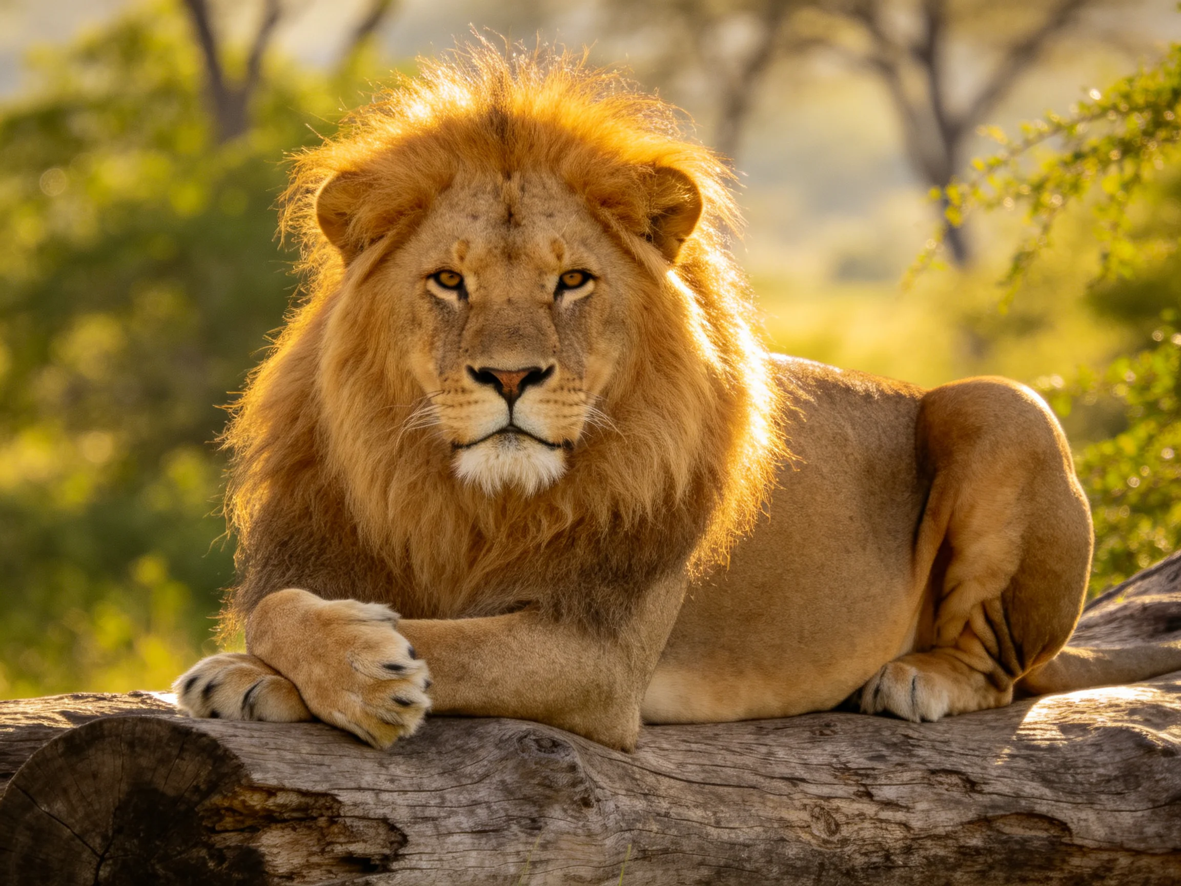 A lion with golden mane relaxes on a large log in a sunlit natural setting.