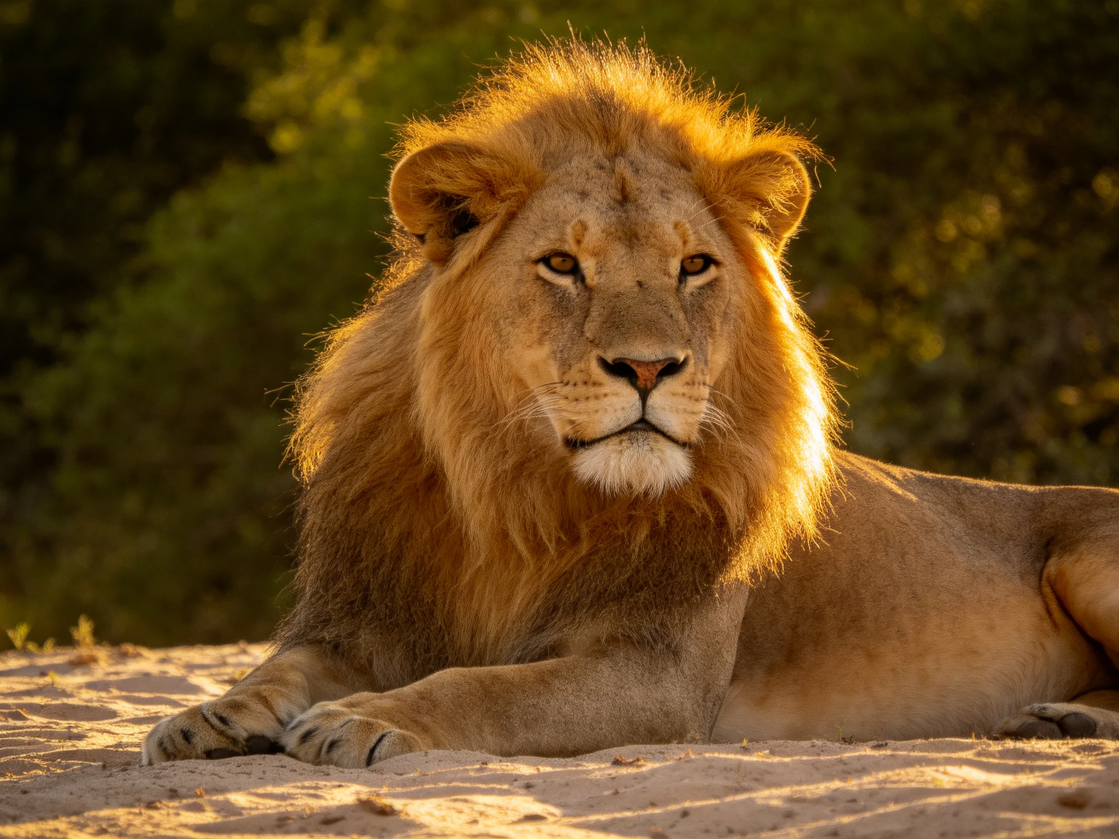 A majestic lion lies calmly on sandy terrain in a sunlit natural setting.