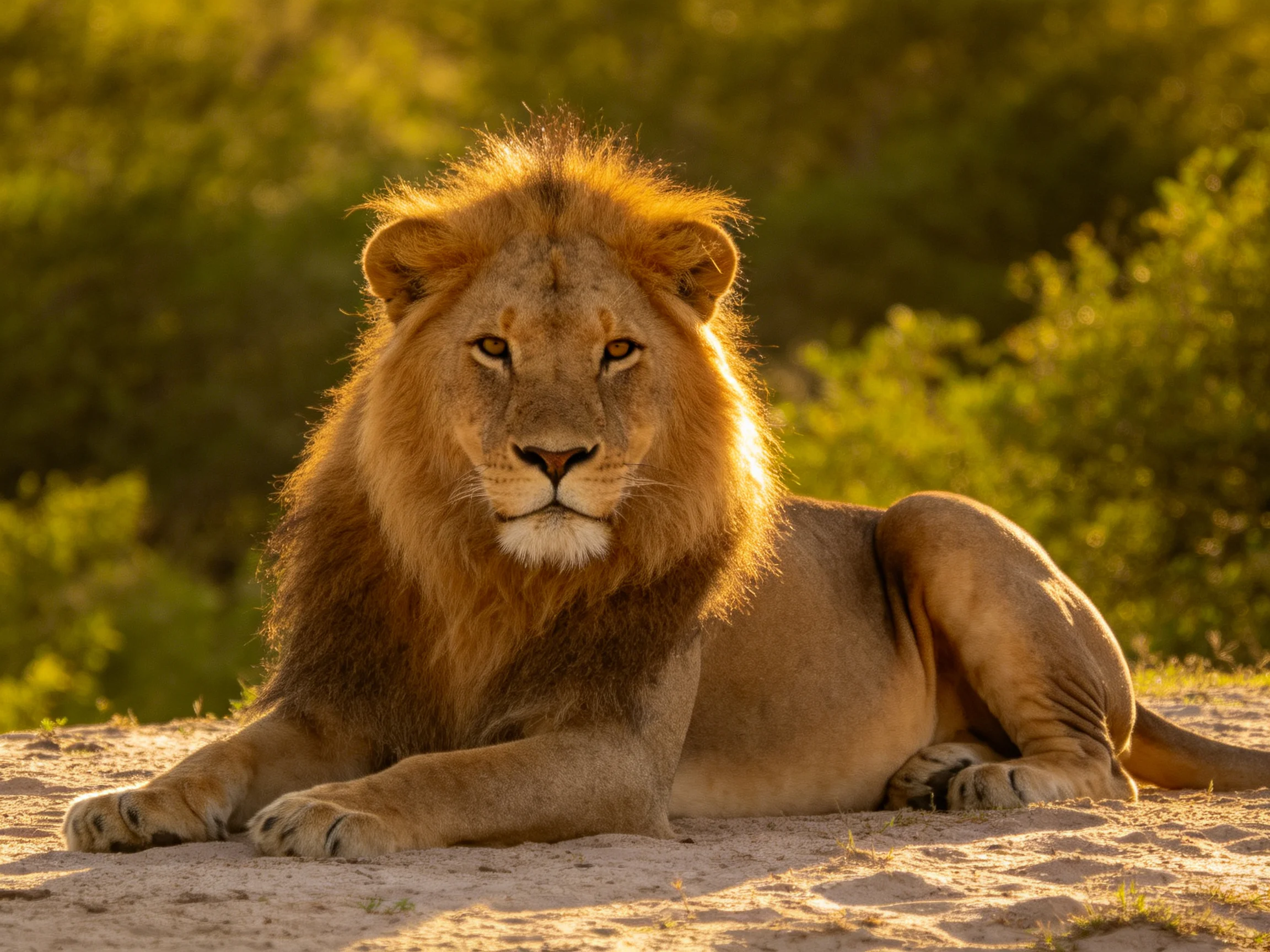 A lion rests calmly on sandy ground near greenery.
