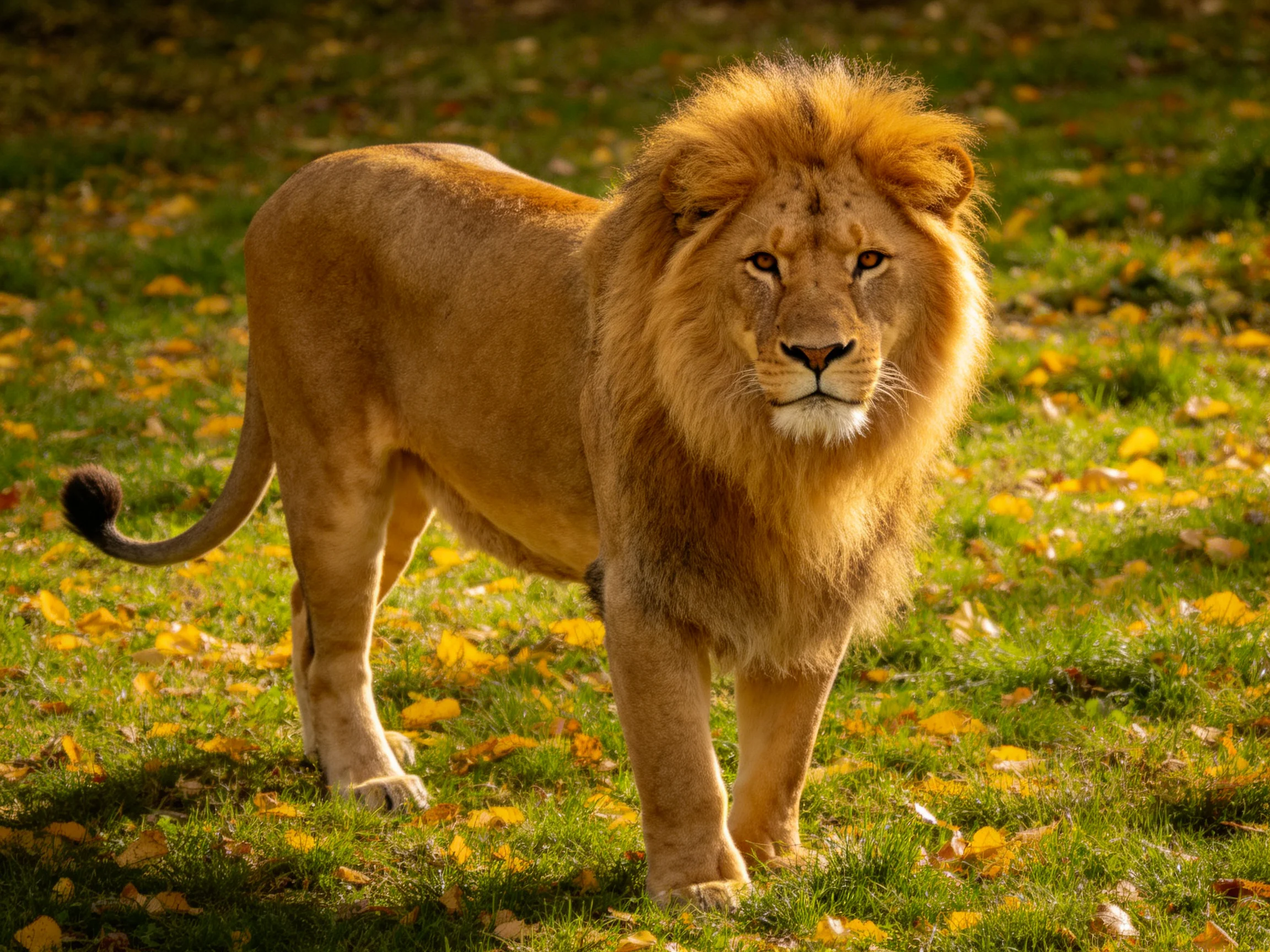 A lion with a golden mane roams through grass sprinkled with yellow leaves