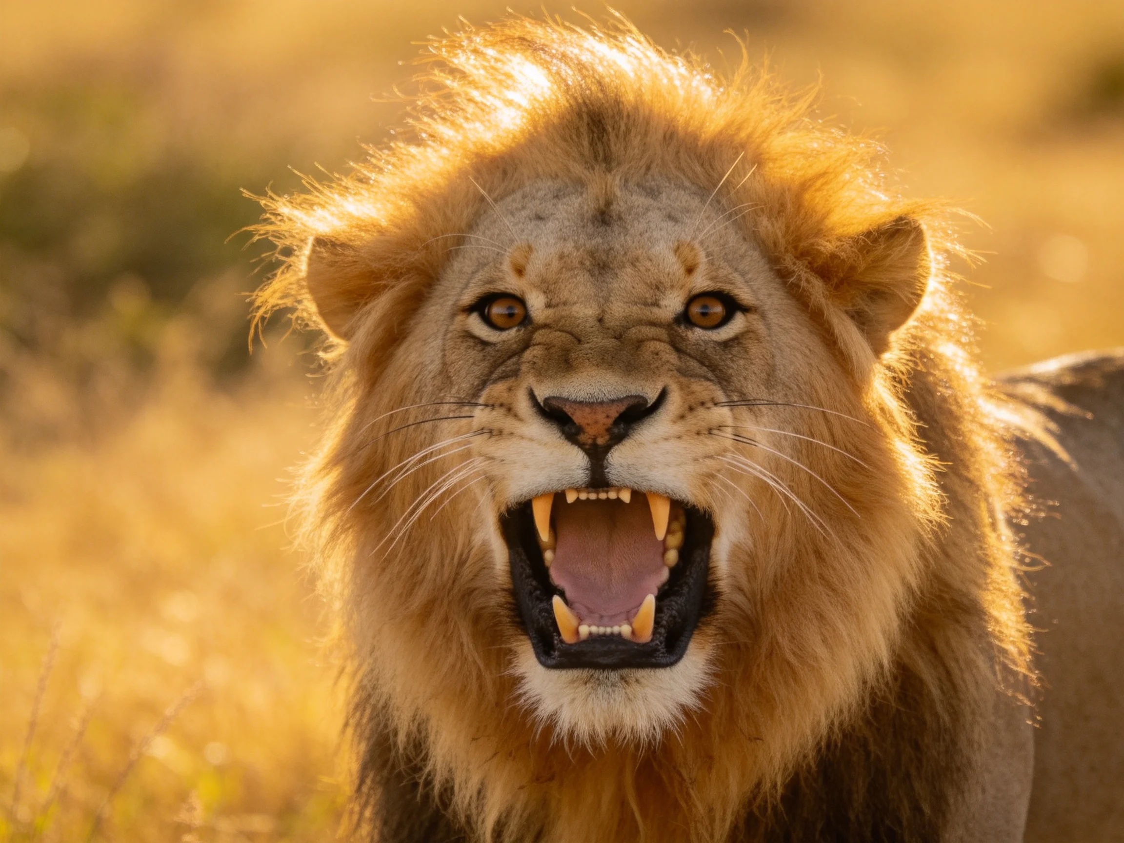 A lion roars with its mouth open in a sunlit savannah.