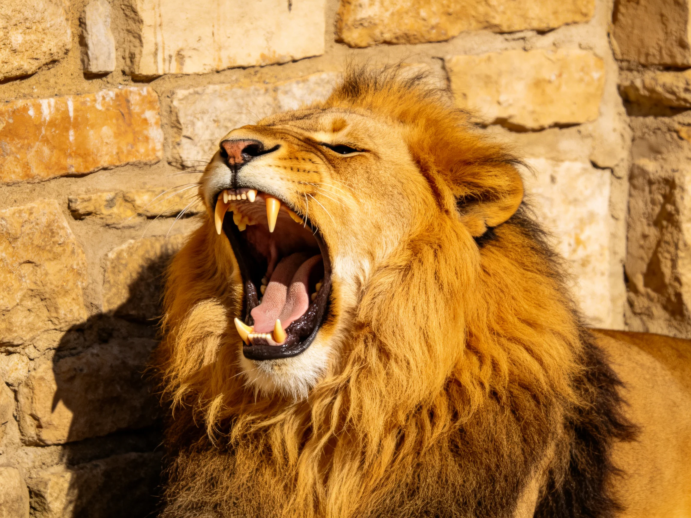 A majestic lion with golden mane roaring near ancient stone wall