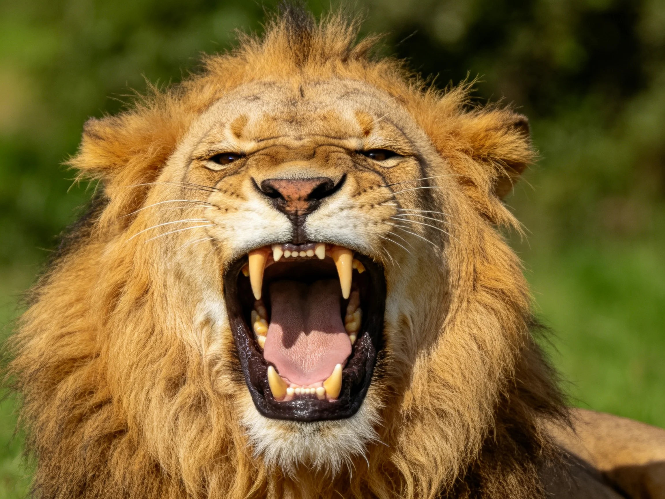 Close - up of a roaring lion with golden mane and fangs