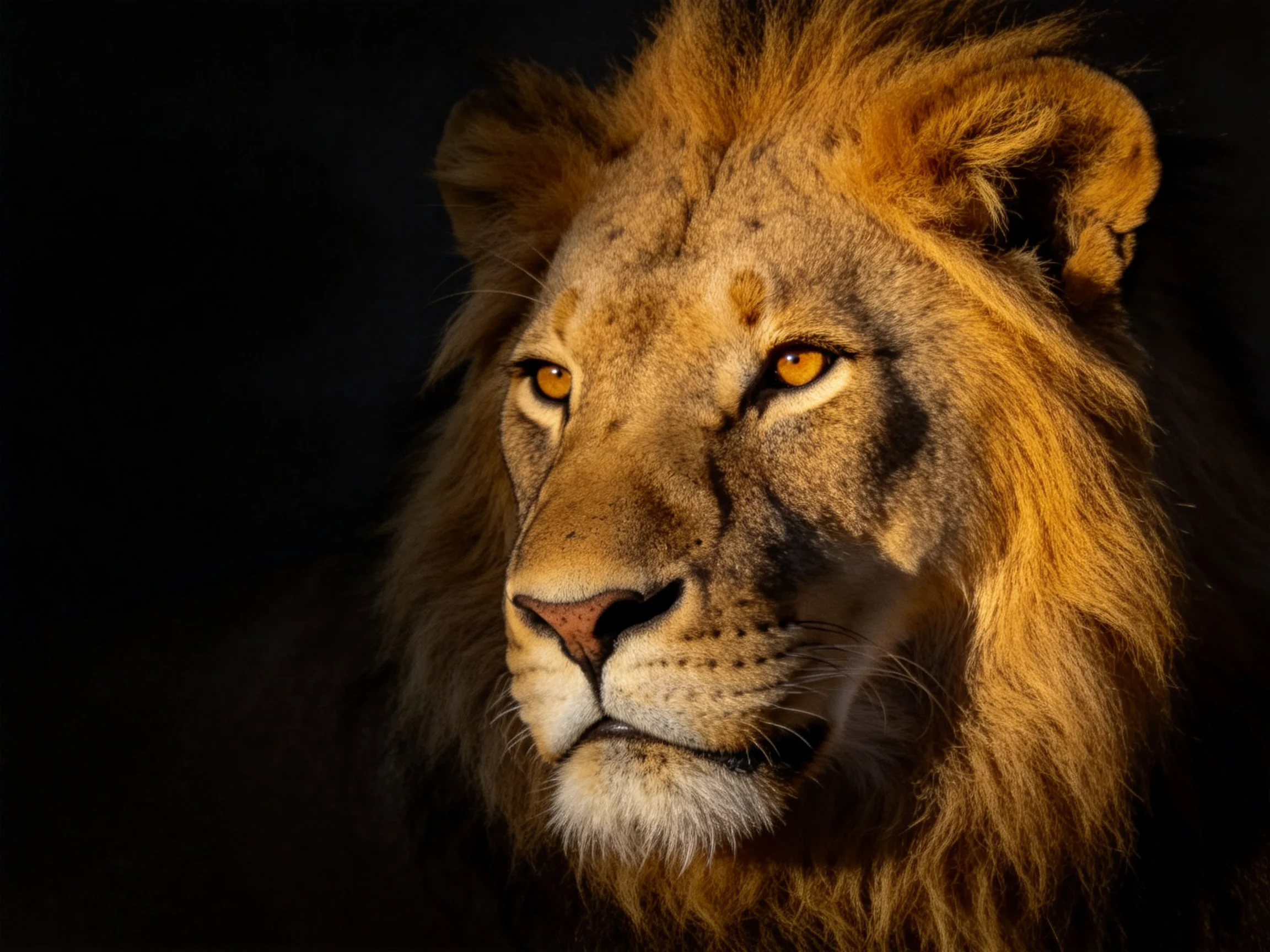 A close - up portrait of a lion with a golden mane in a dark setting.