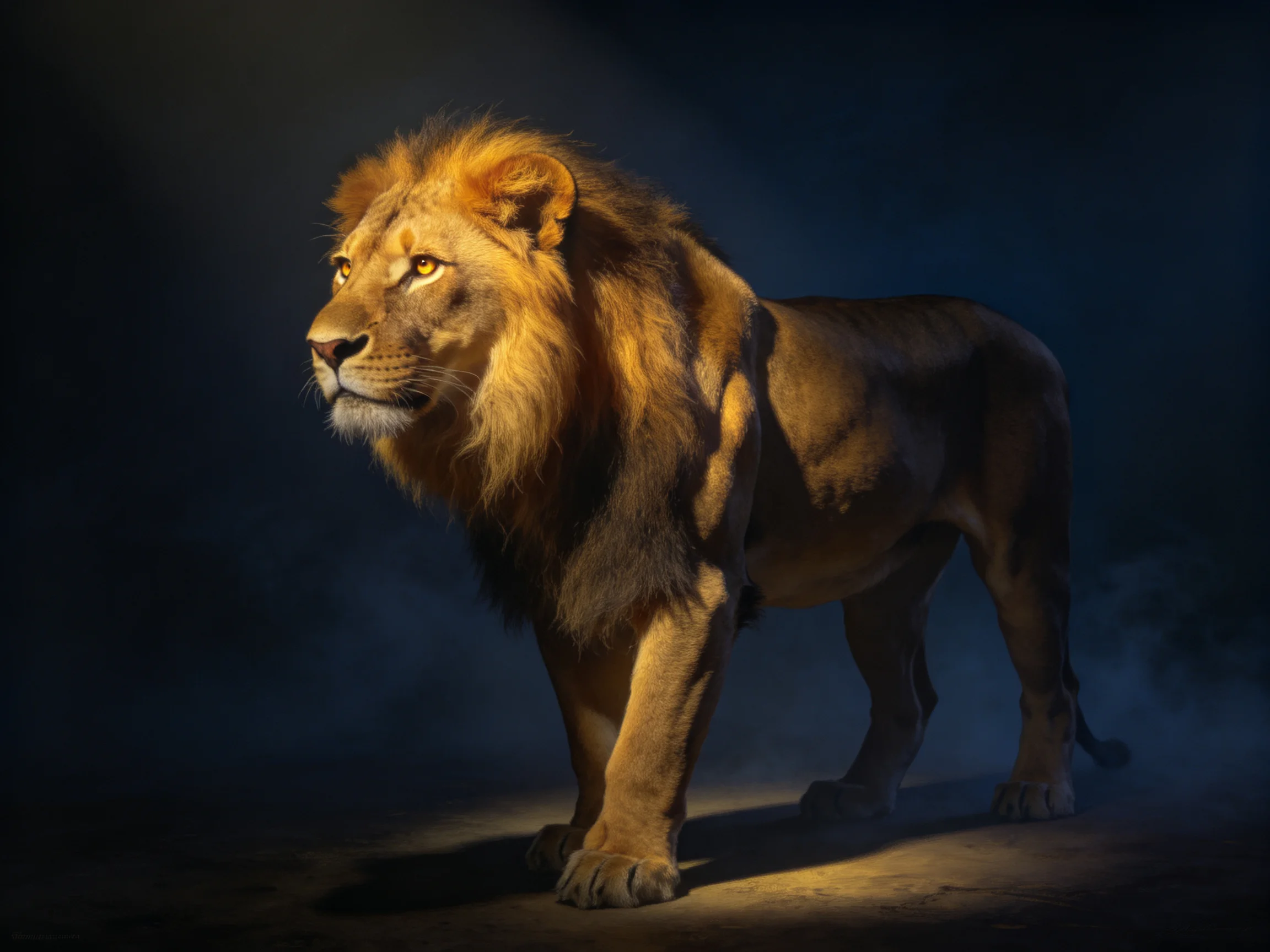 A lion with golden mane stands prominently in a dimly lit environment.