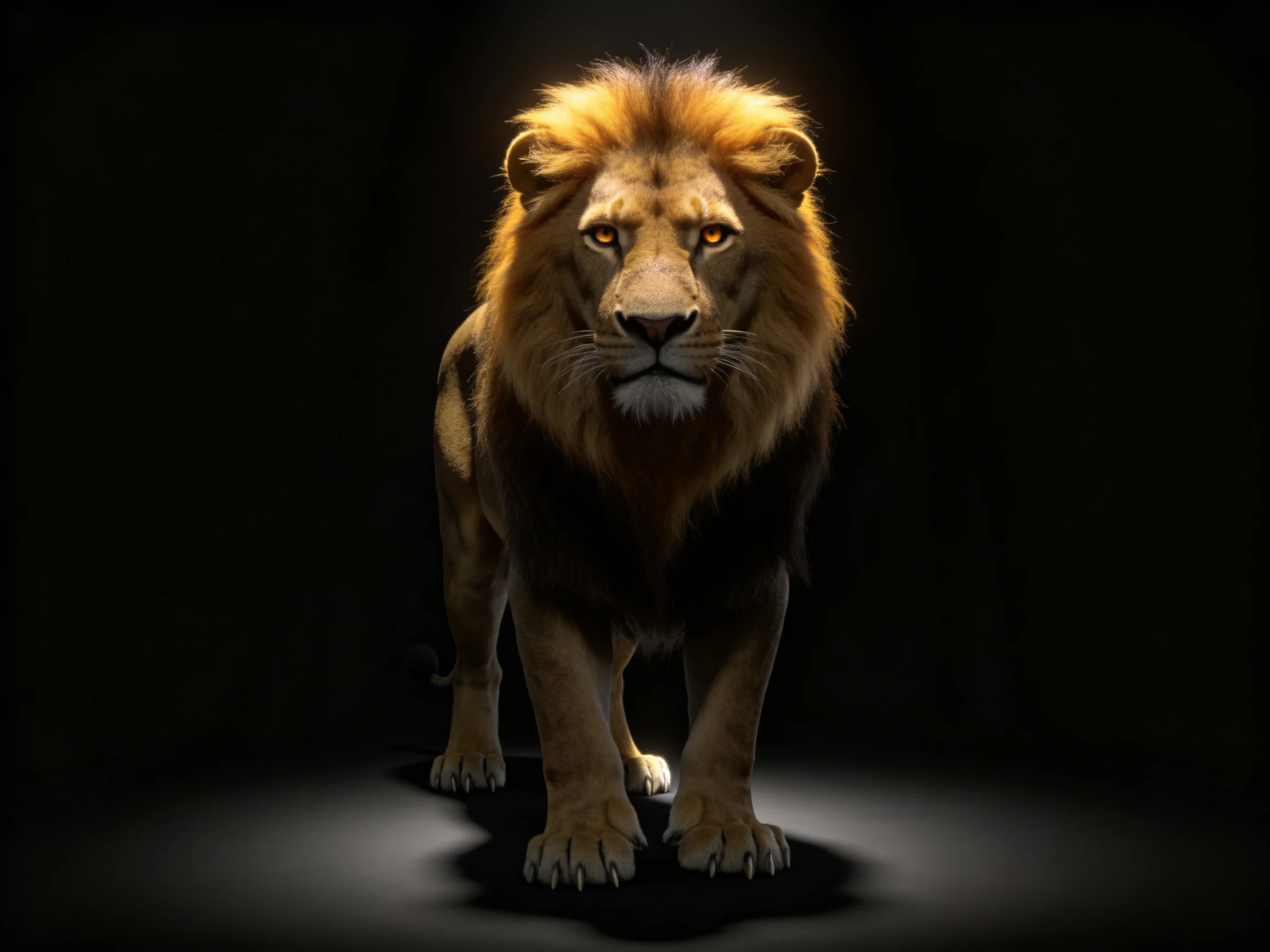 A lion with golden mane stands against a stark black backdrop.
