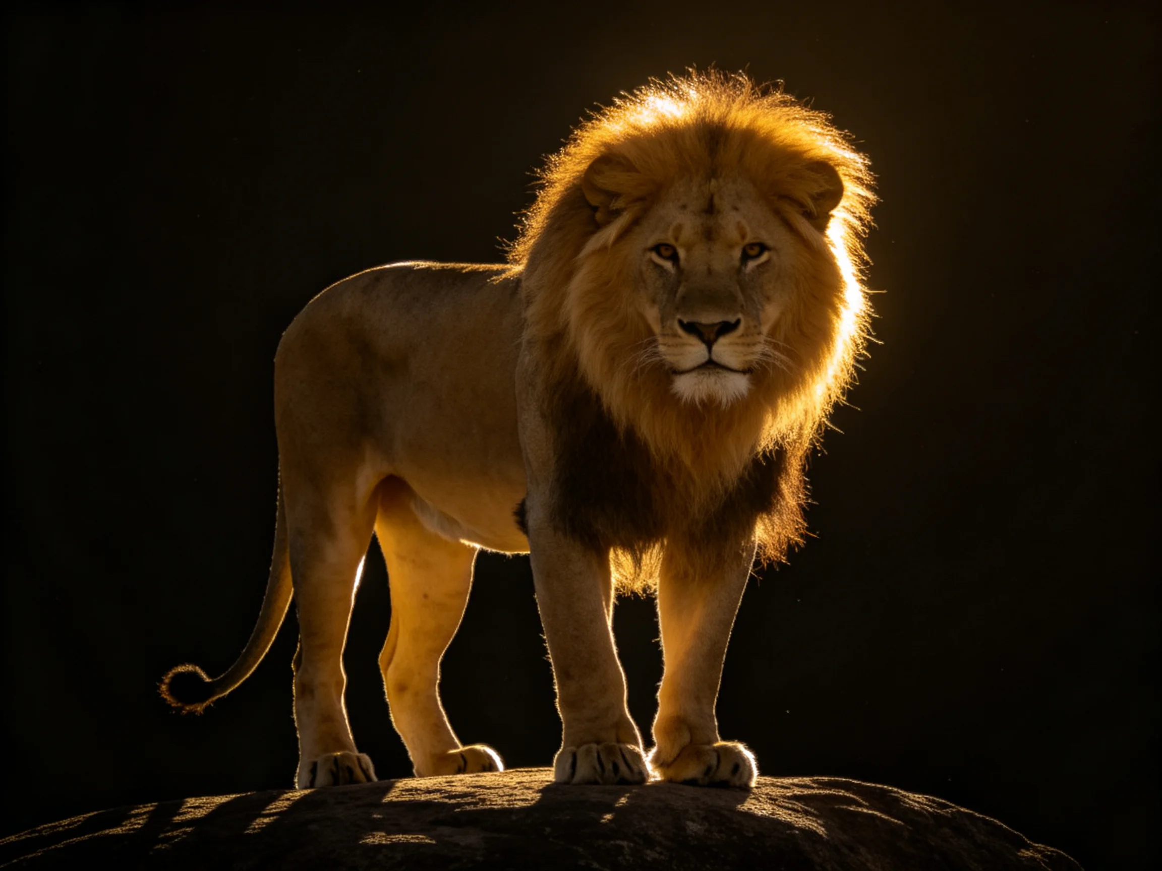 A lion stands regally on a rock, dramatically backlit against a dark environment.