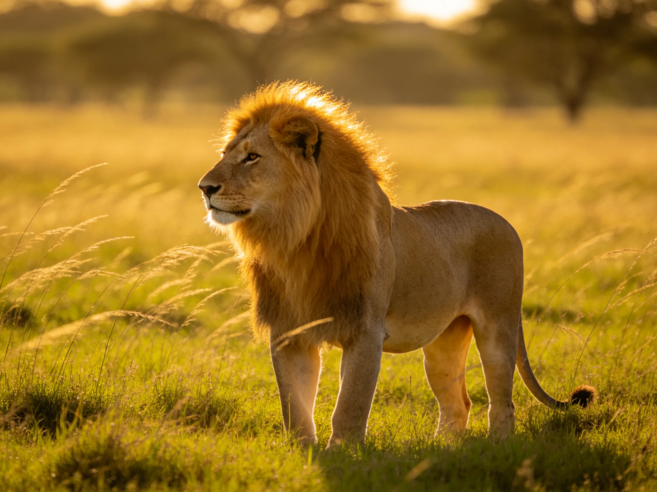 A lion stands alert in sunlit savannah terrain.