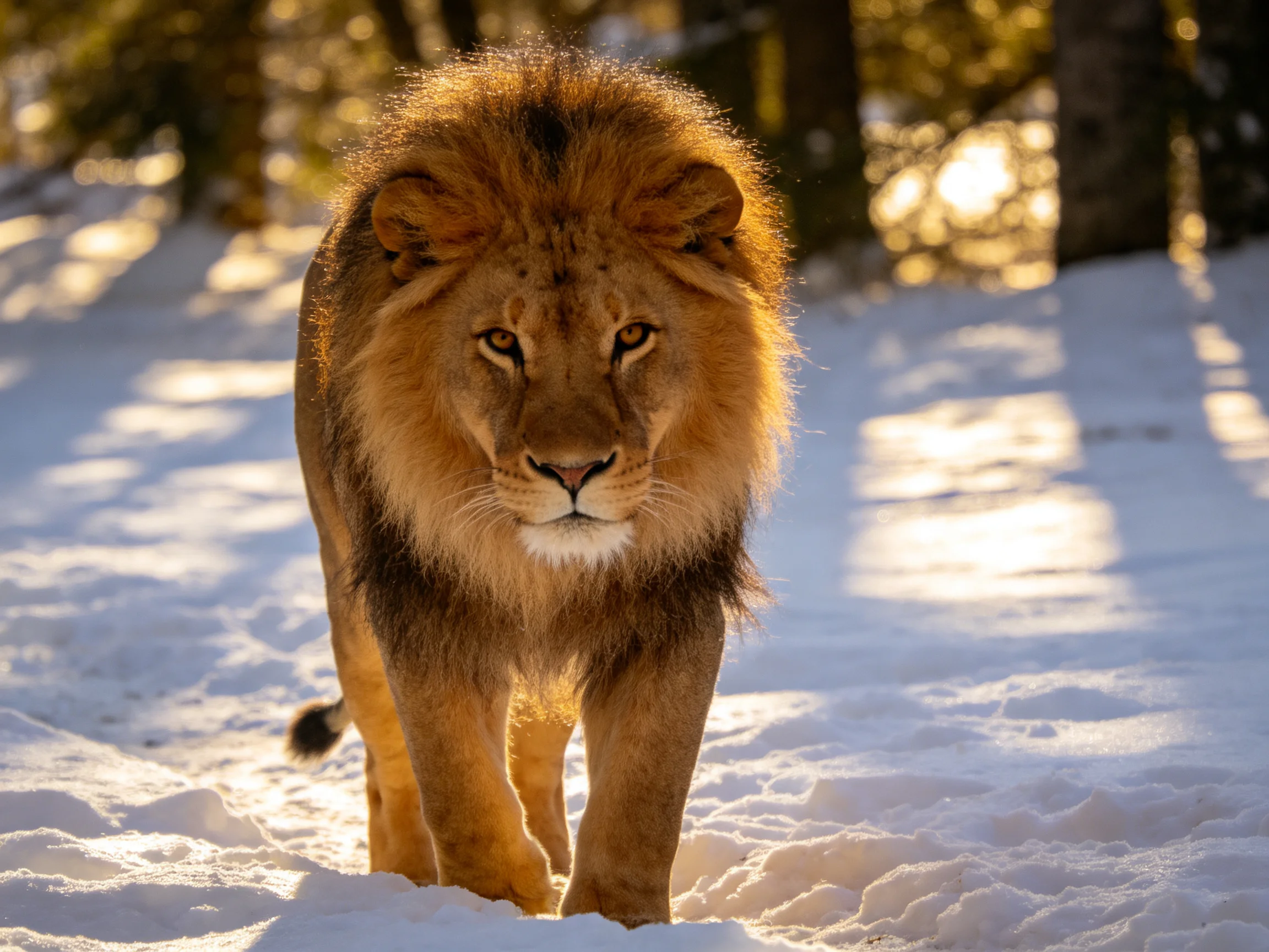 A majestic lion with golden mane strides through glistening snow