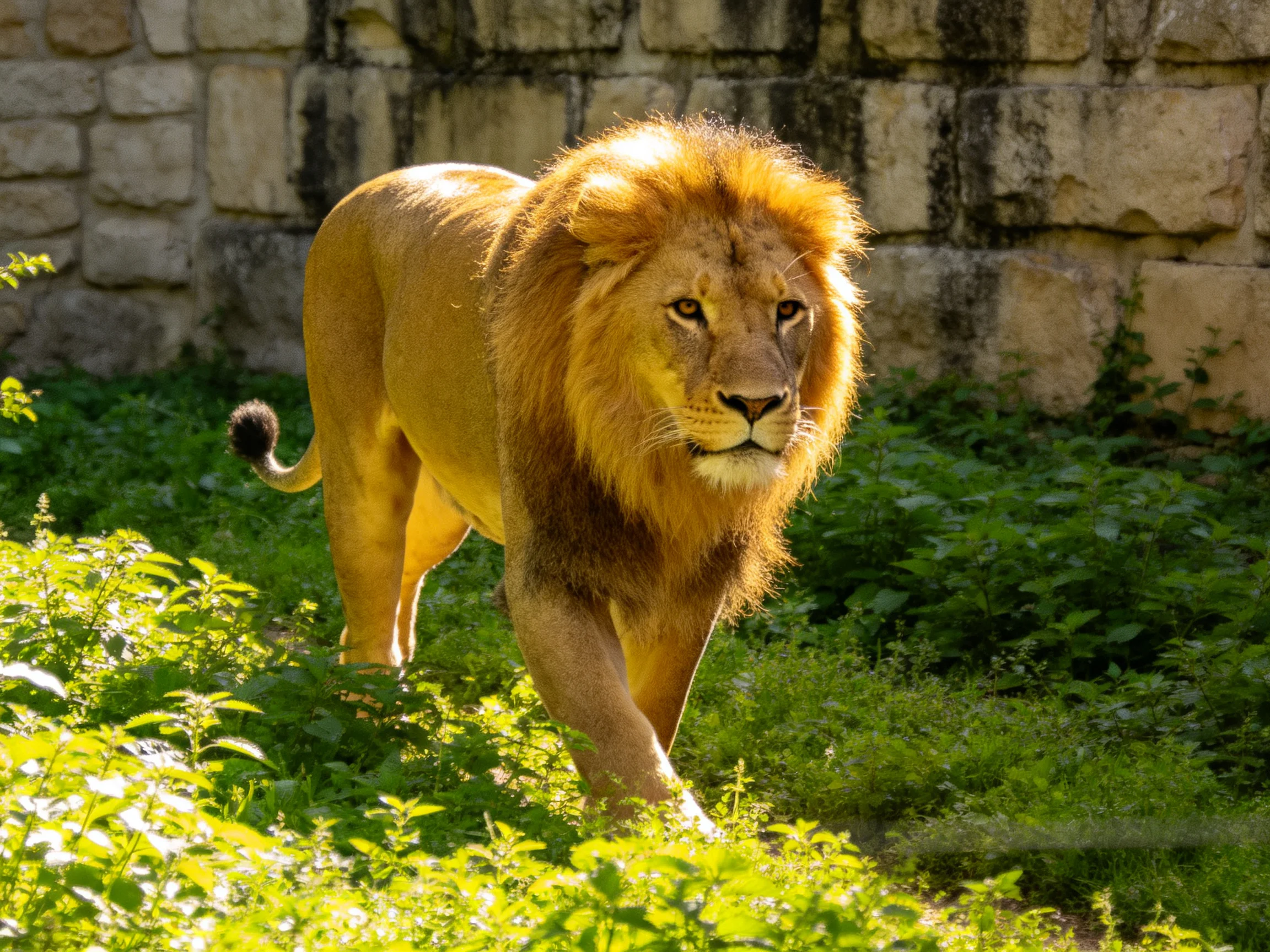 A majestic lion walks through lush greenery beside a stone wall.
