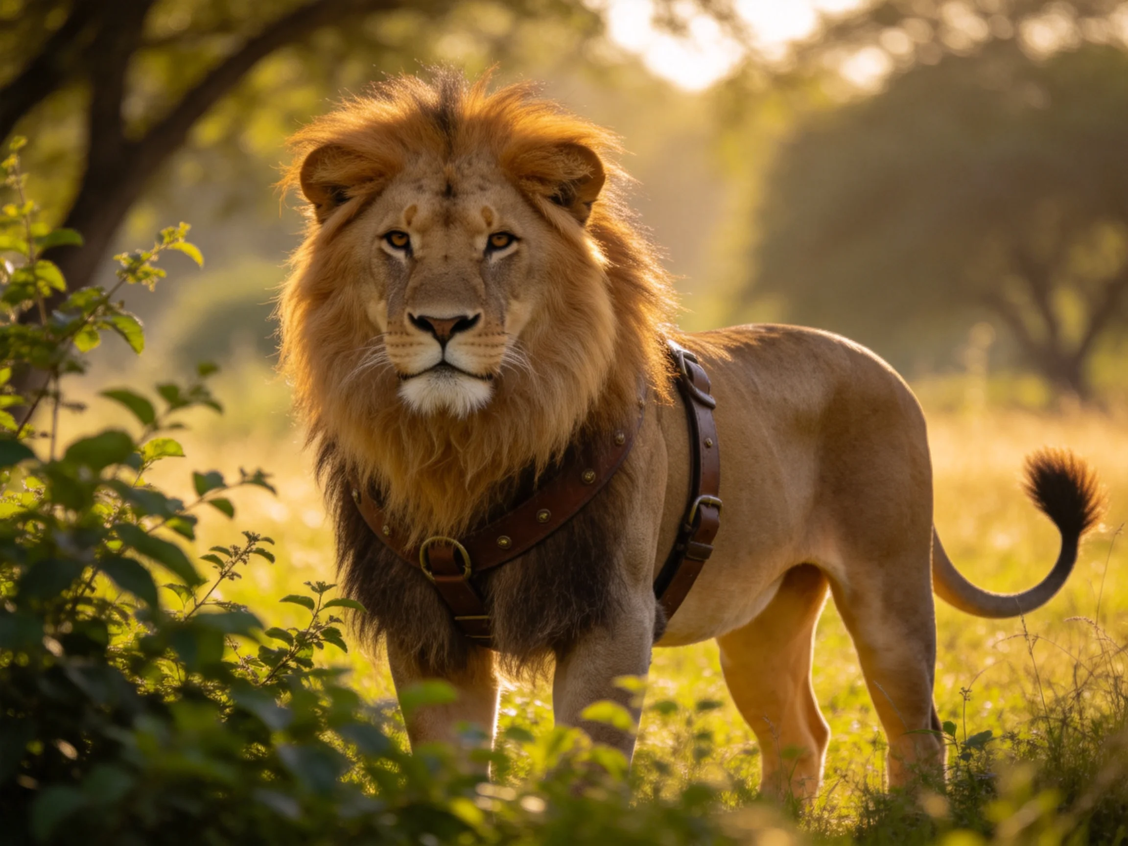 A majestic lion with golden mane wears a leather harness in sunlit savannah