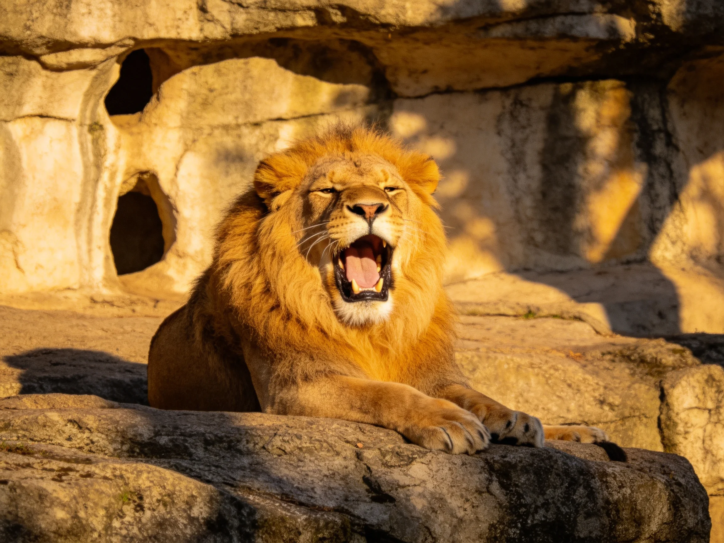 A lion yawns while resting on rocks in a sunlit enclosure.