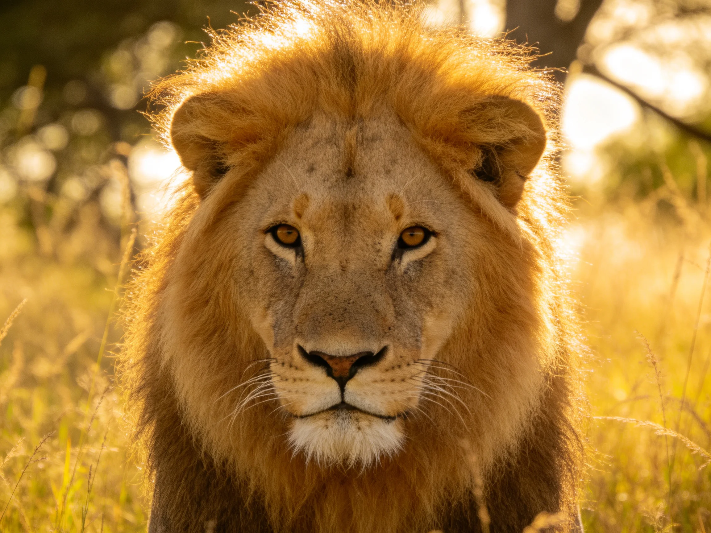 A close - up of a lion with a golden mane in a sunlit natural habitat.