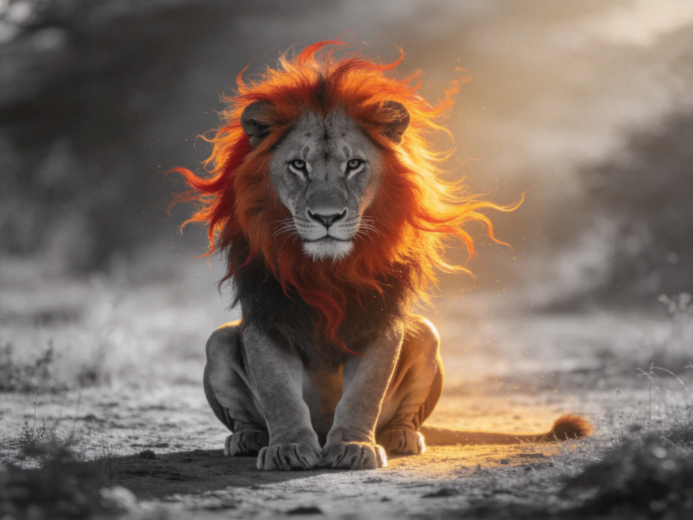 A lion with a striking red-orange mane sits calmly on a sunlit dirt path.