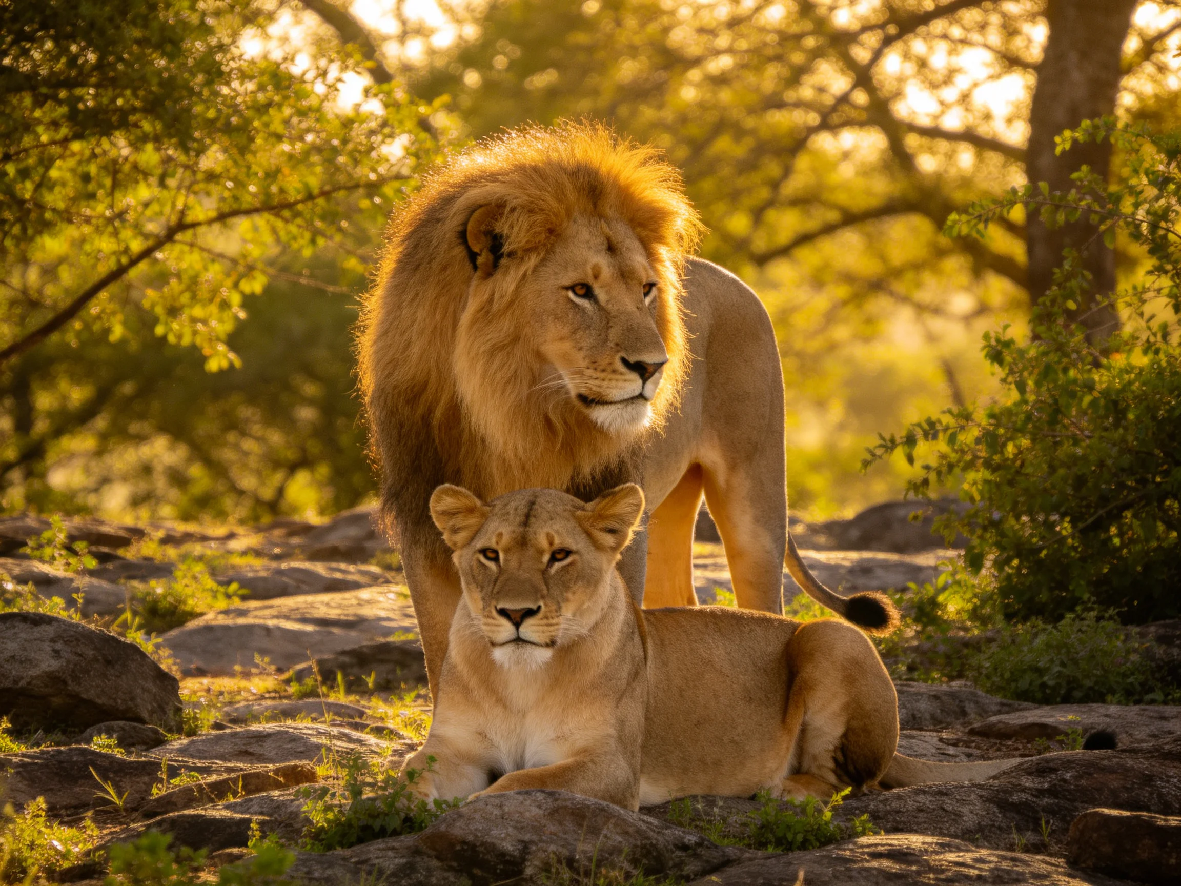 A majestic male lion and lioness rest amid golden sunlight on rocky terrain