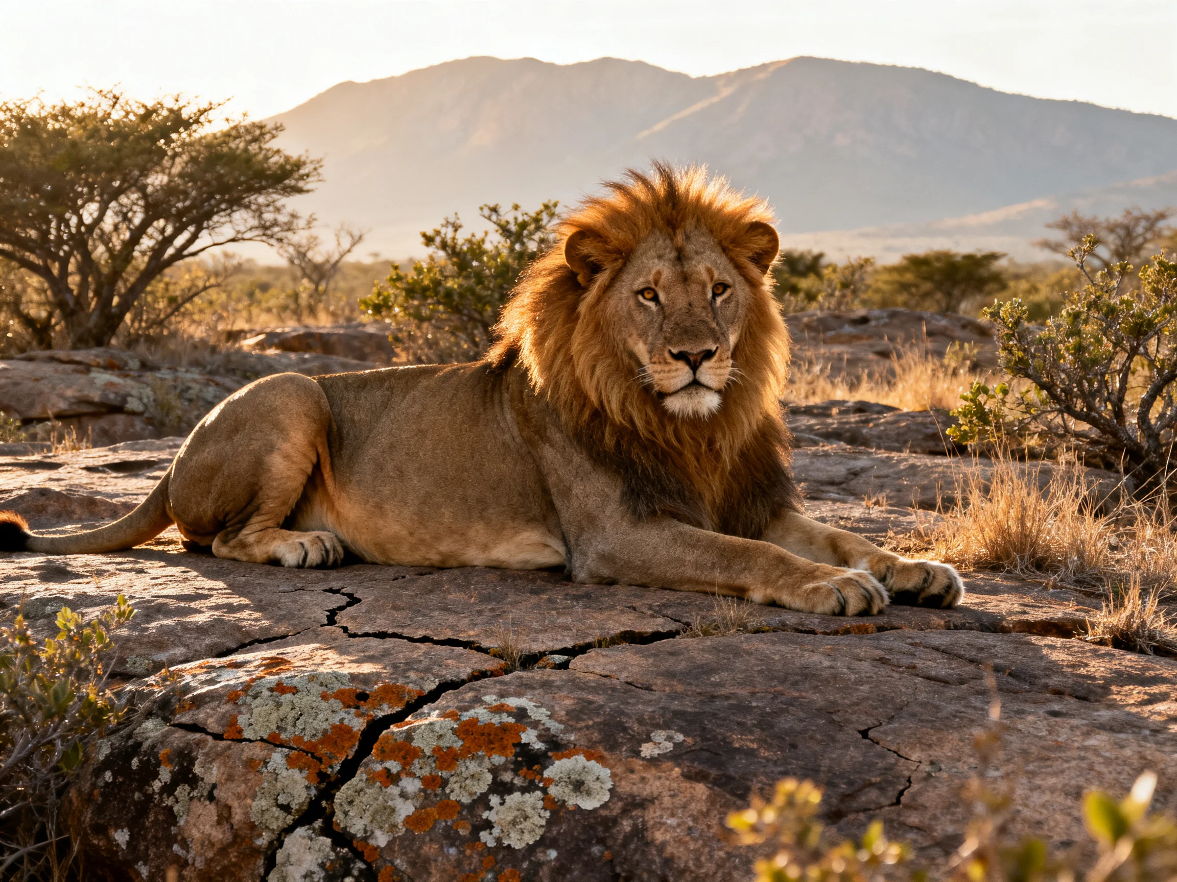 A male lion rests on a rocky surface surrounded by savannah vegetation and distant mountains.