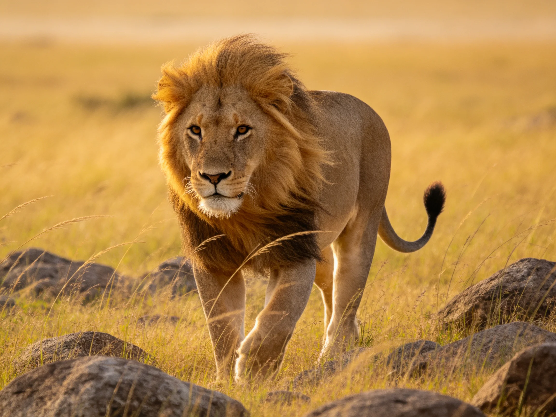 A majestic male lion roams a sunlit savannah landscape