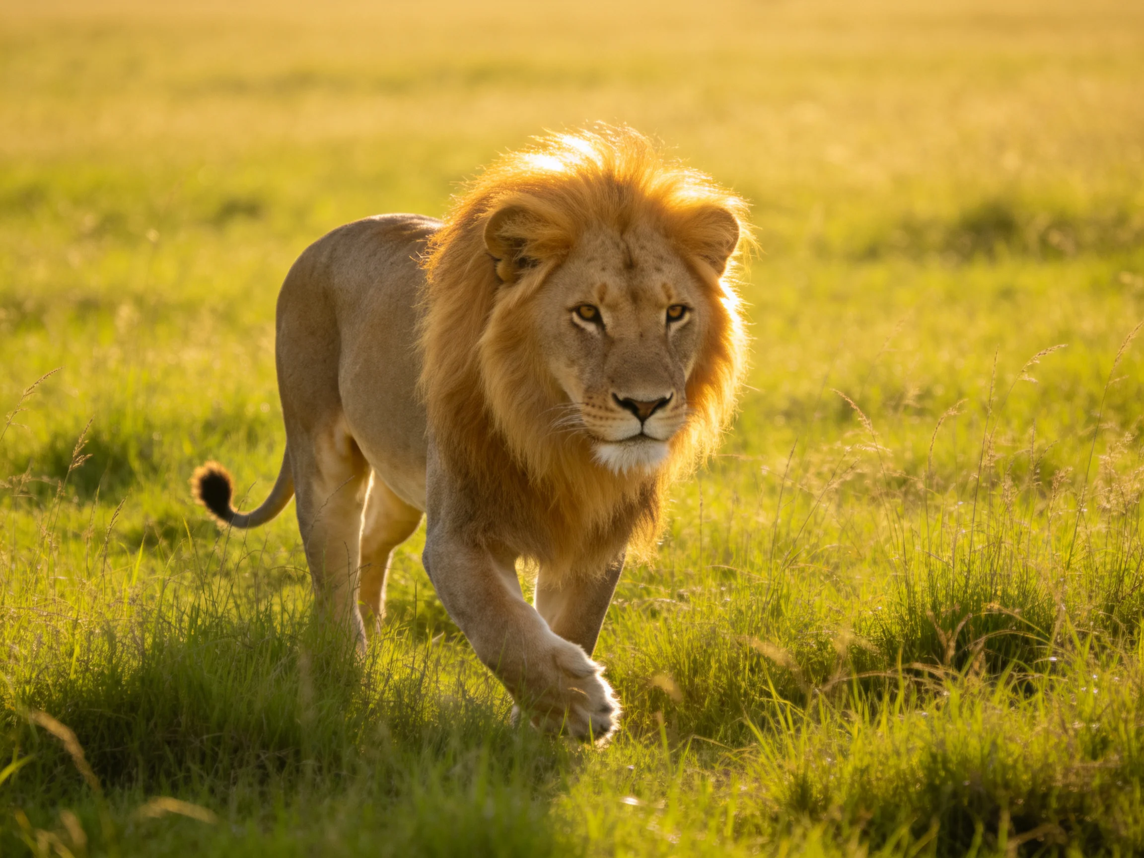 A majestic male lion roams golden savannah grasslands