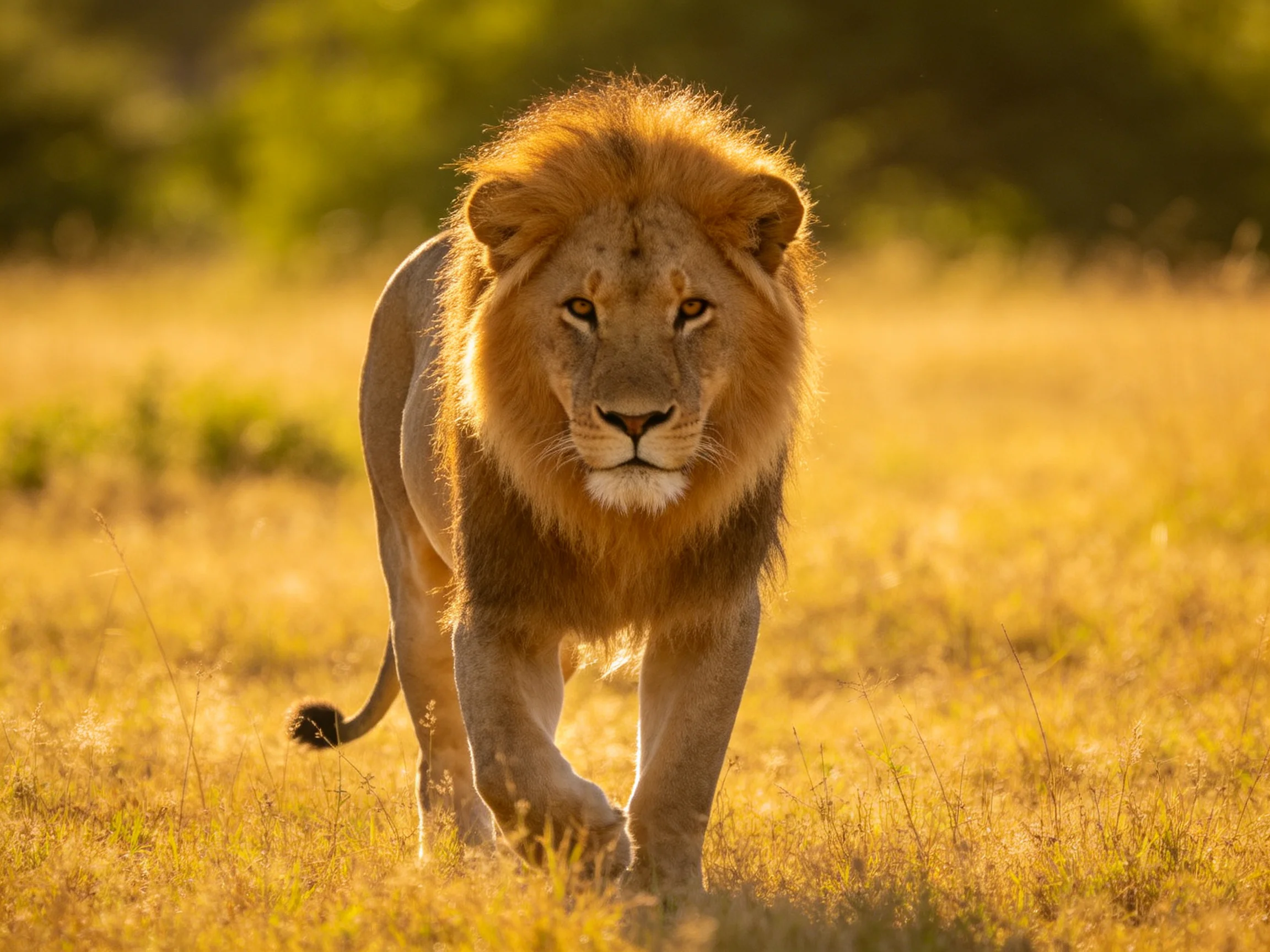 A majestic male lion roams golden savannah grasslands