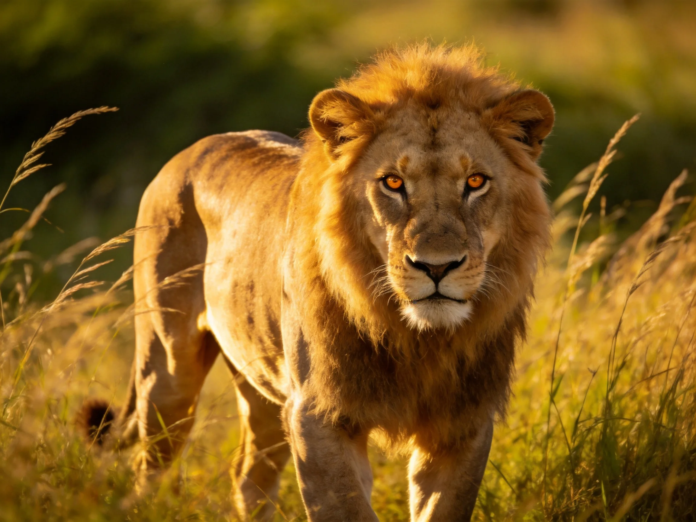 A majestic male lion roams through golden savannah grasses