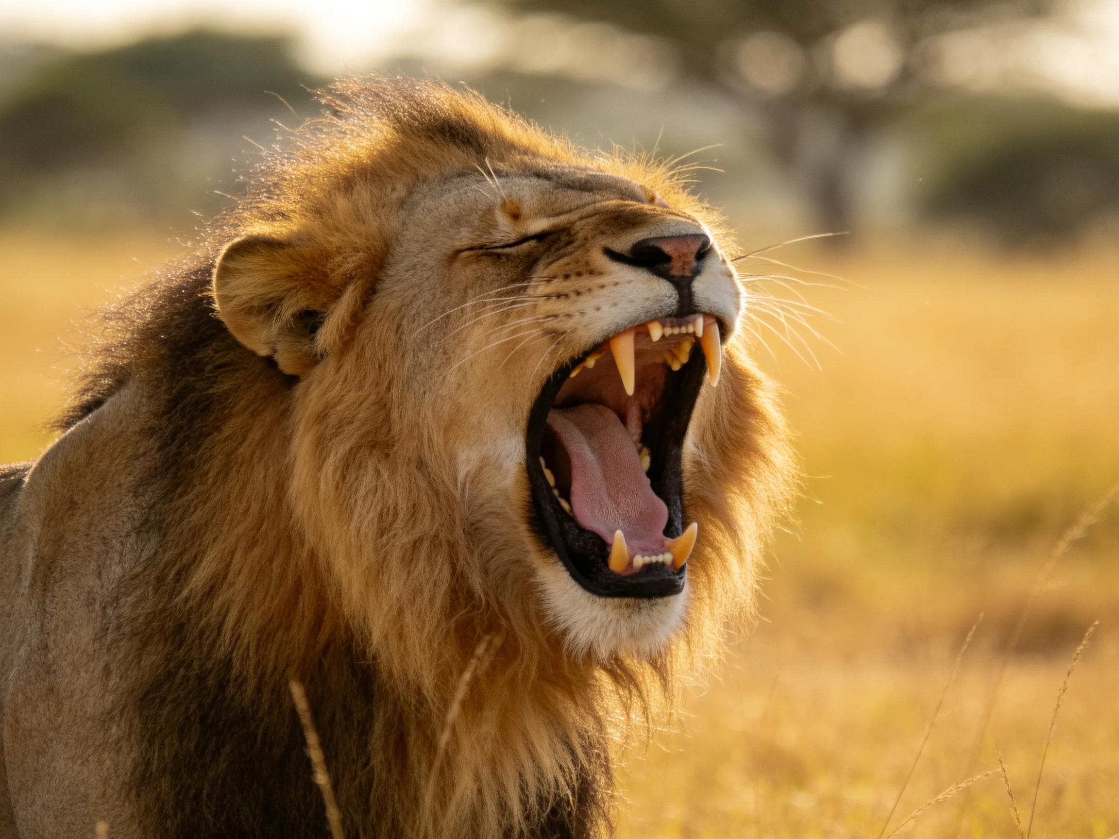 A majestic male lion roars in golden savannah grasslands