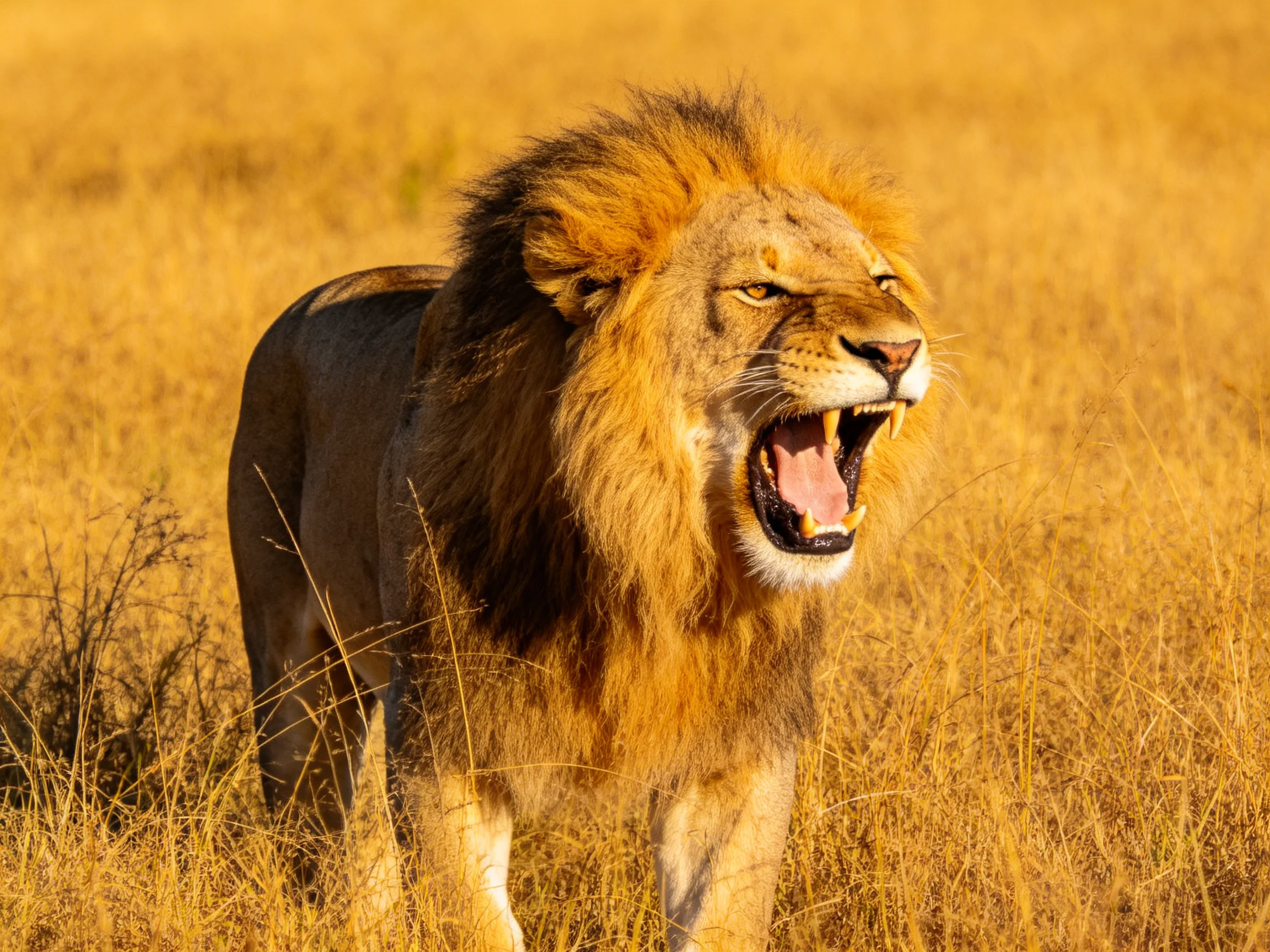 A majestic male lion roars in golden savannah grasslands