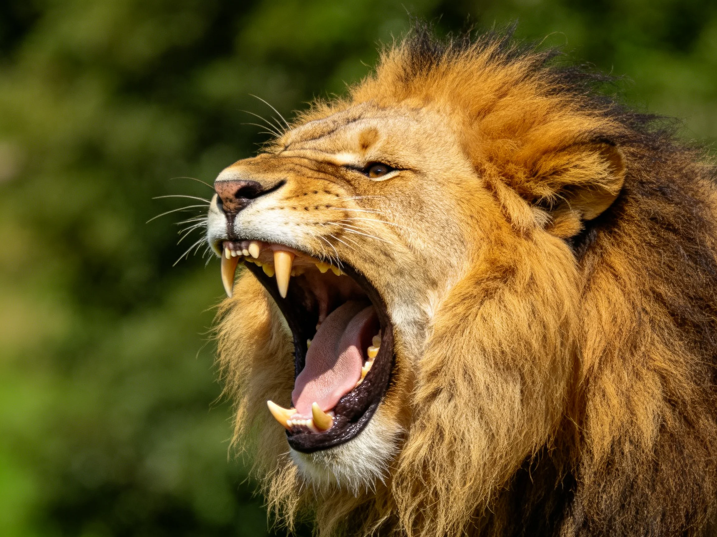 A majestic male lion roars with golden mane amid lush green foliage
