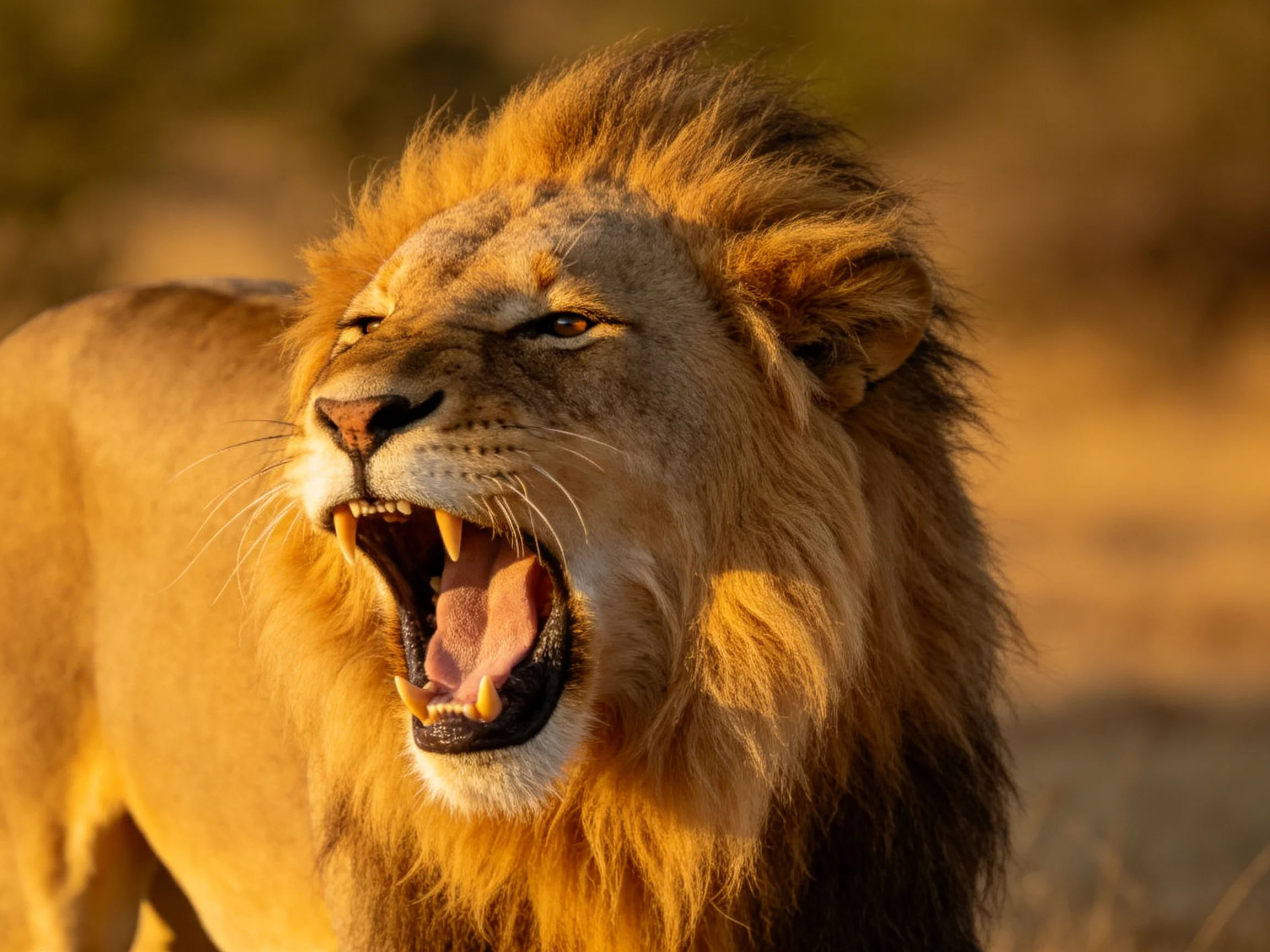 A majestic male lion roars with golden mane in natural savannah setting