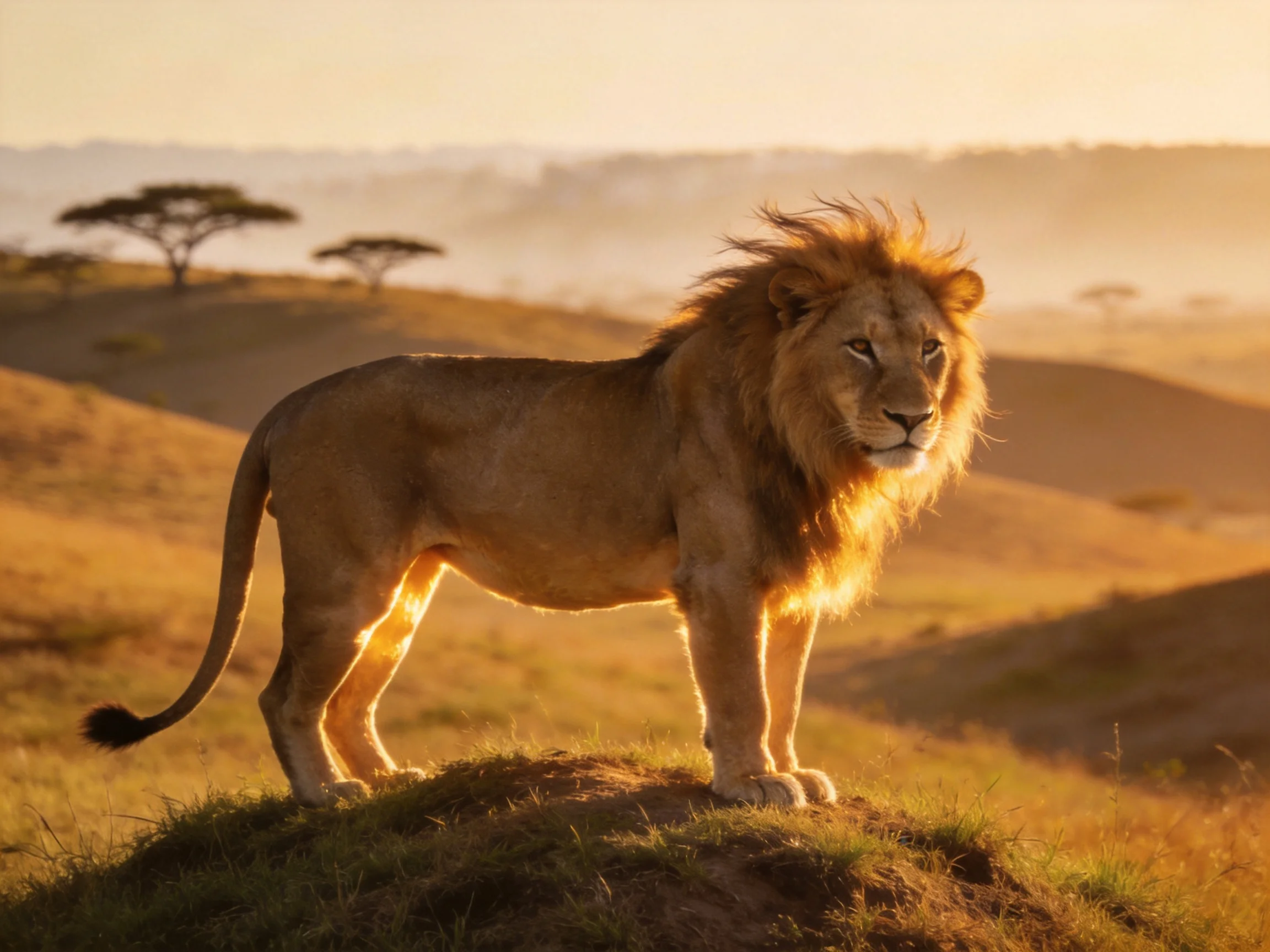 A majestic male lion stands atop a grassy mound in golden savannah light