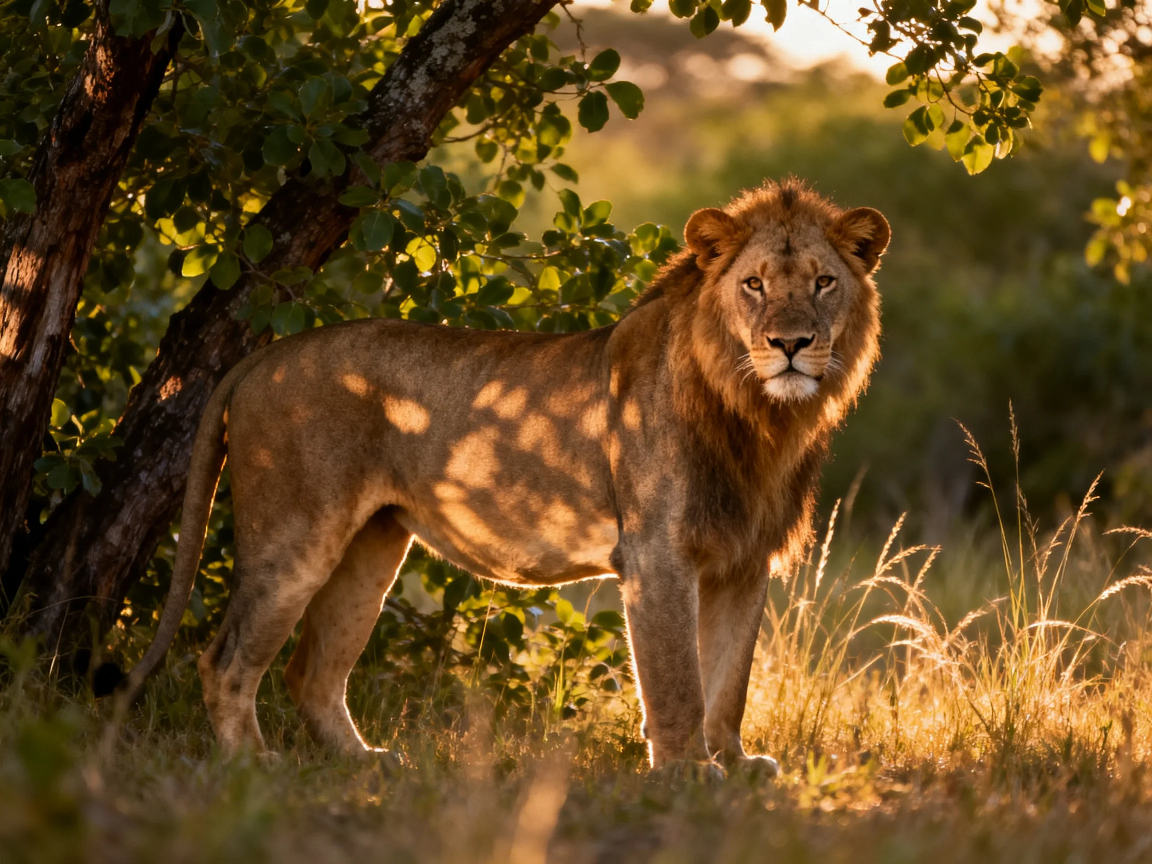 A majestic male lion stands beneath sun-dappled trees in golden light