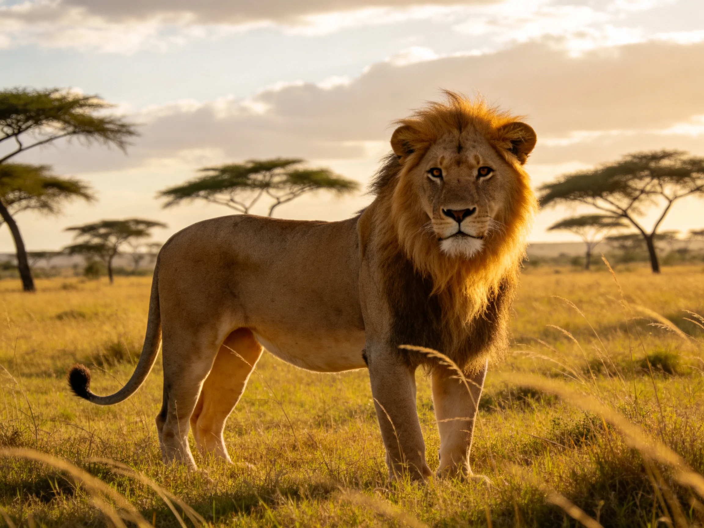 A majestic male lion stands in a golden savannah landscape