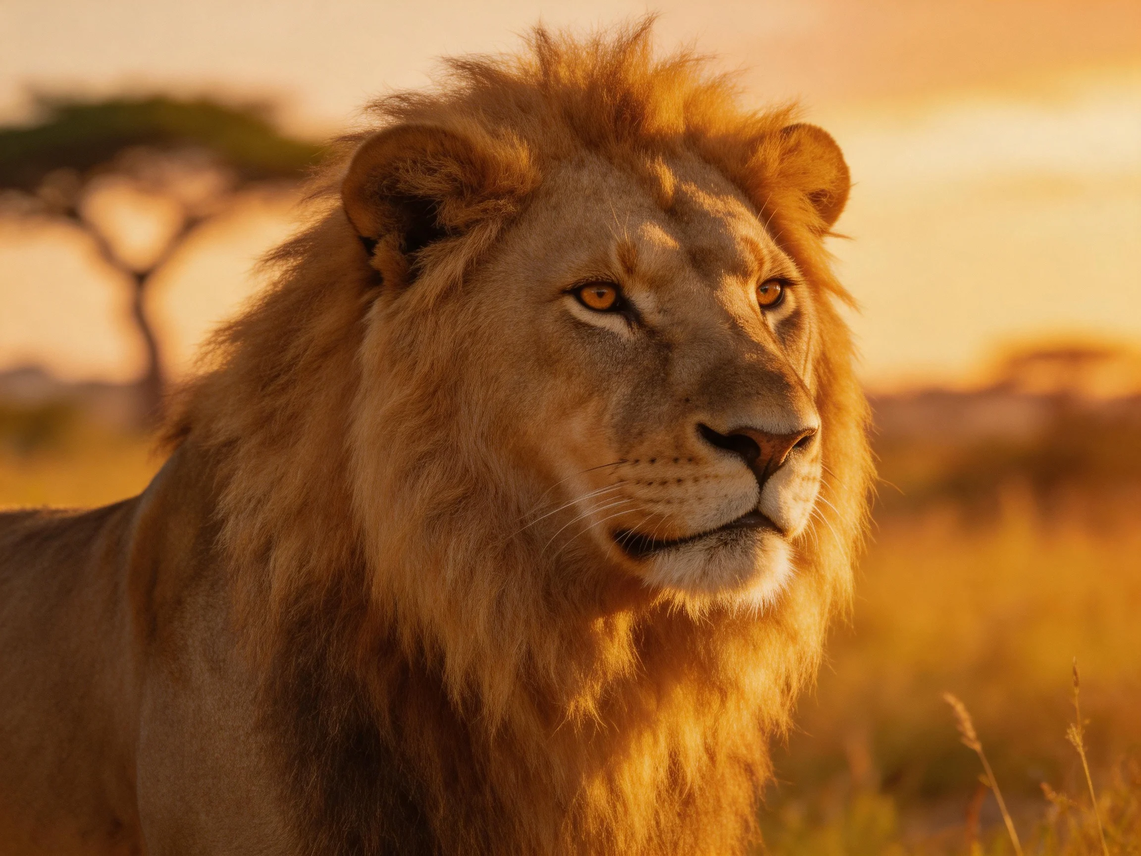 A majestic male lion stands in golden savannah at sunset
