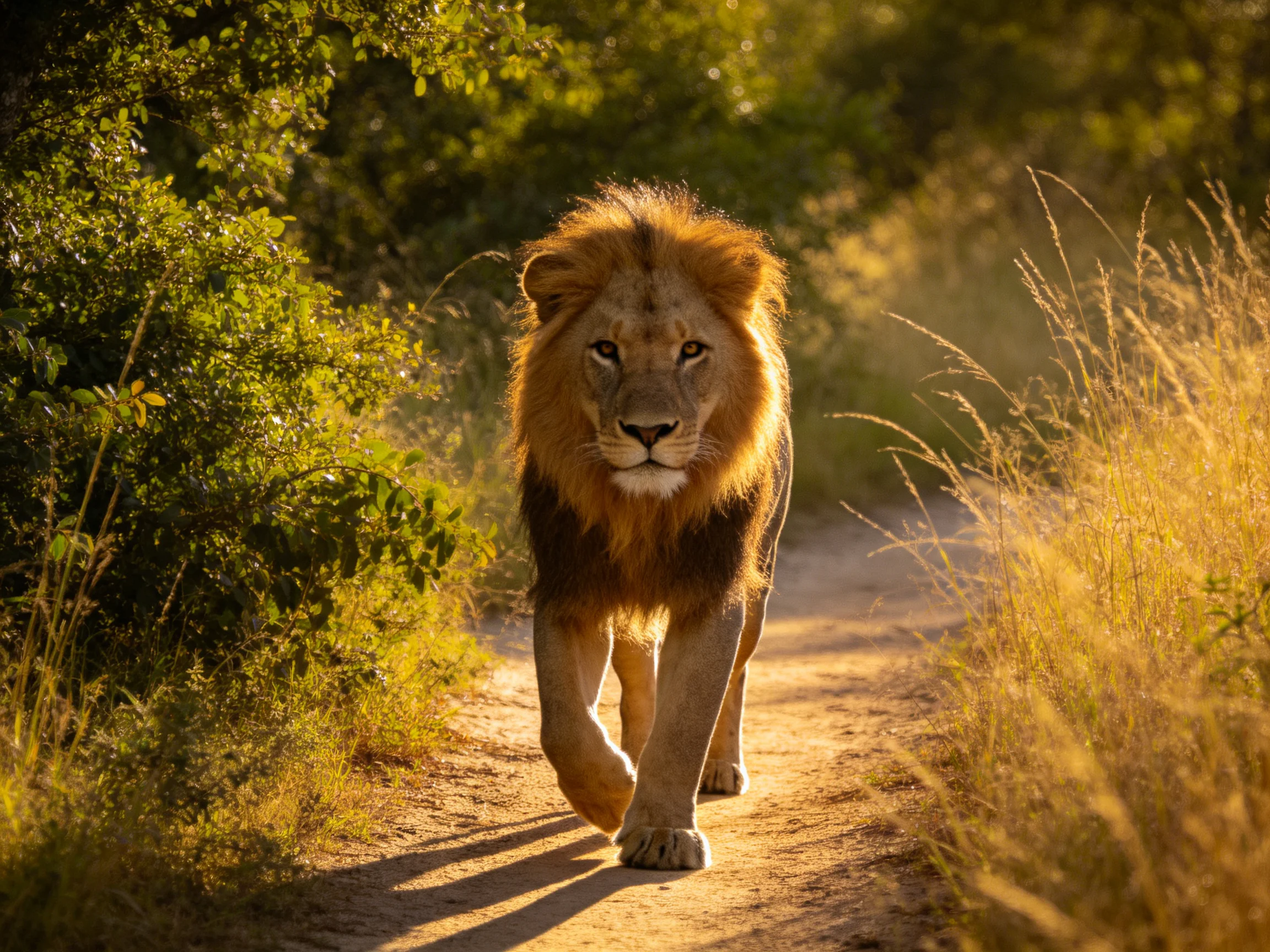 A majestic male lion strides along a sun-drenched dirt trail amid lush vegetation.