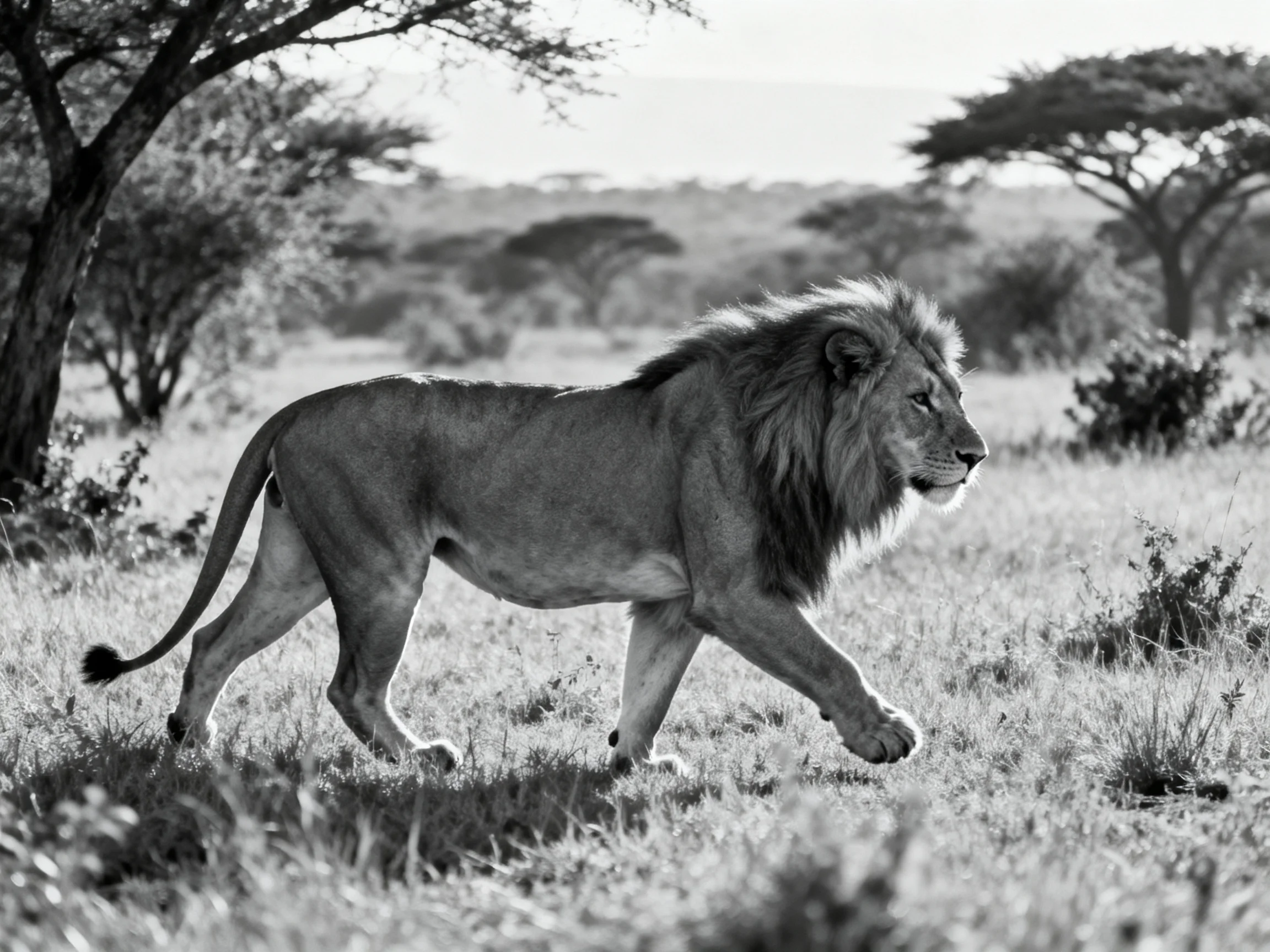 A majestic male lion walks through a vast savannah landscape