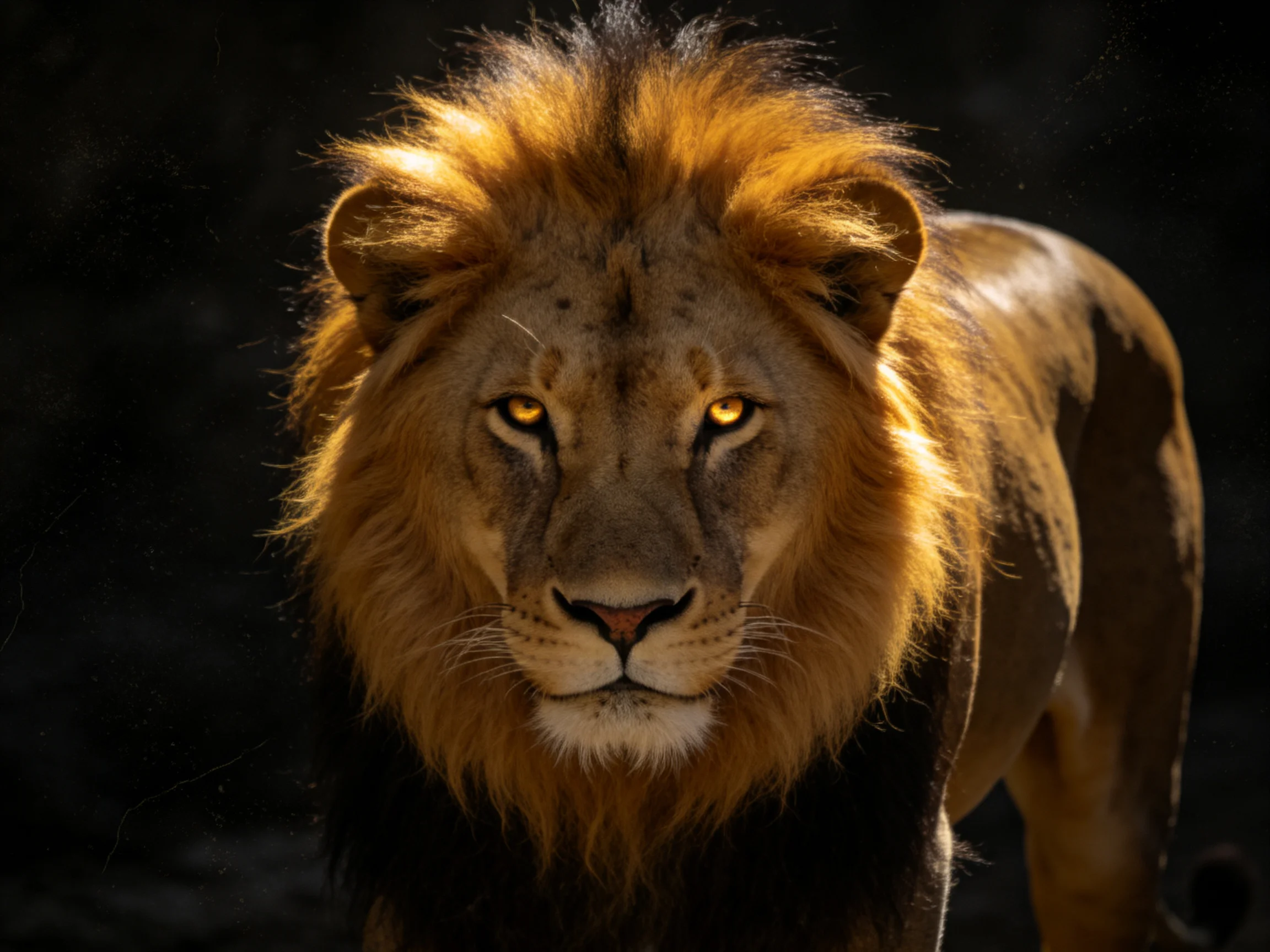 A majestic male lion with a golden mane in dramatic lighting