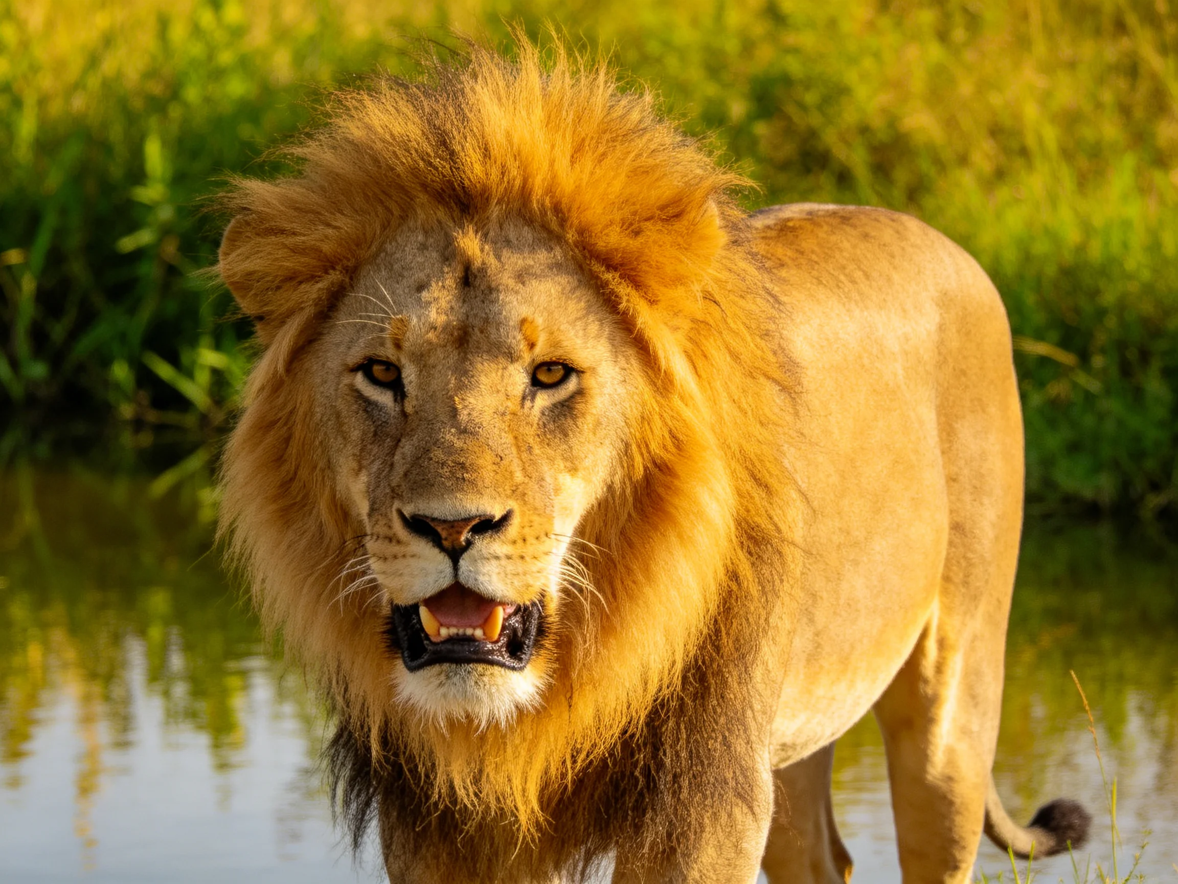 A majestic male lion with a golden mane stands by calm waters