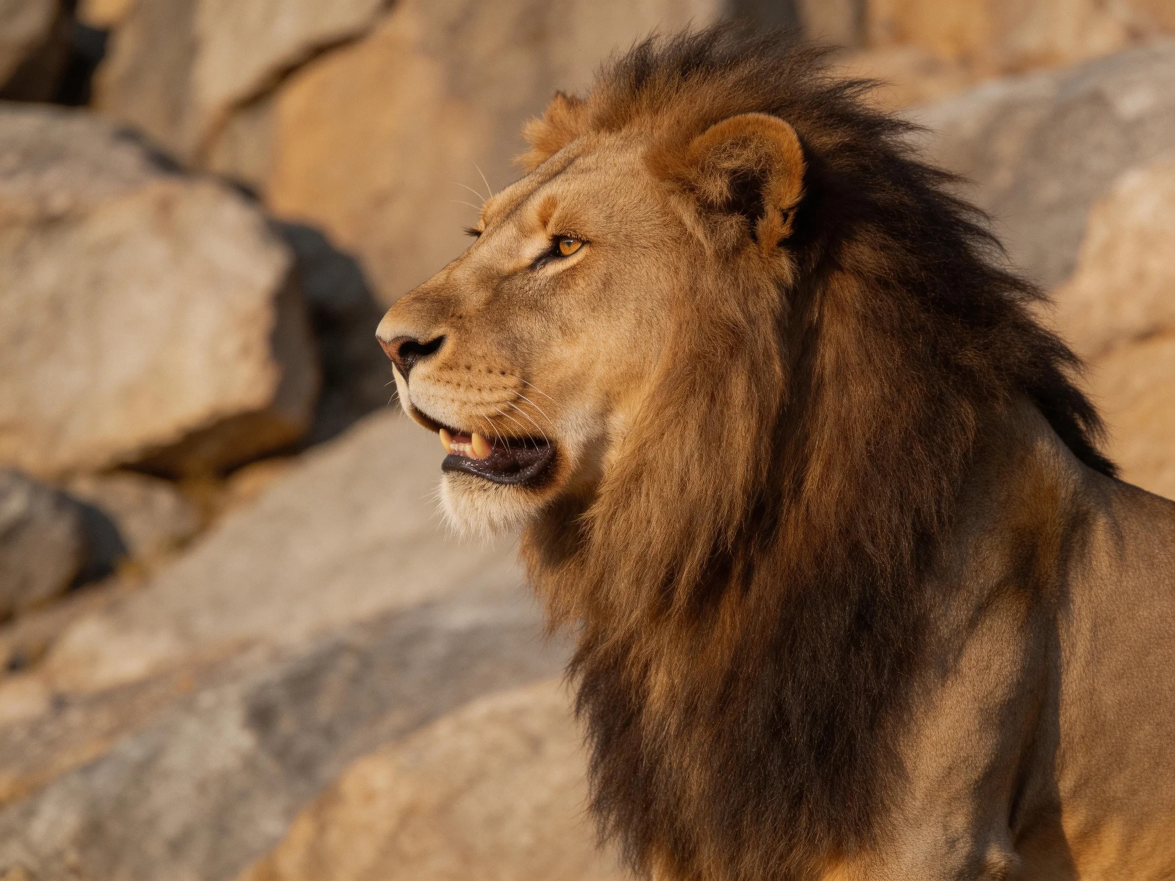 A close - up of a male lion with a thick brown mane beside large rocks.
