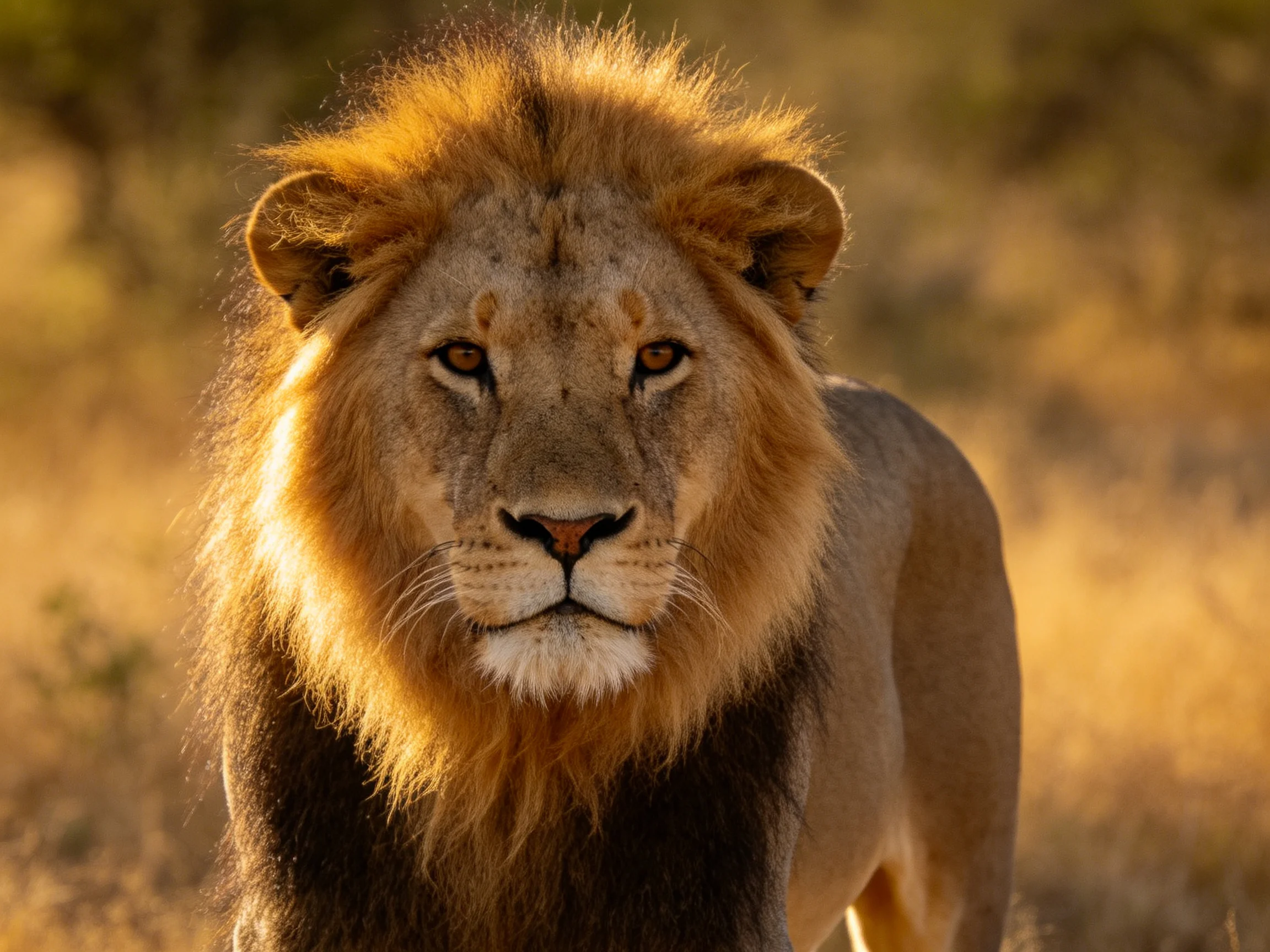 A majestic male lion with a thick golden mane in a sun-drenched savannah