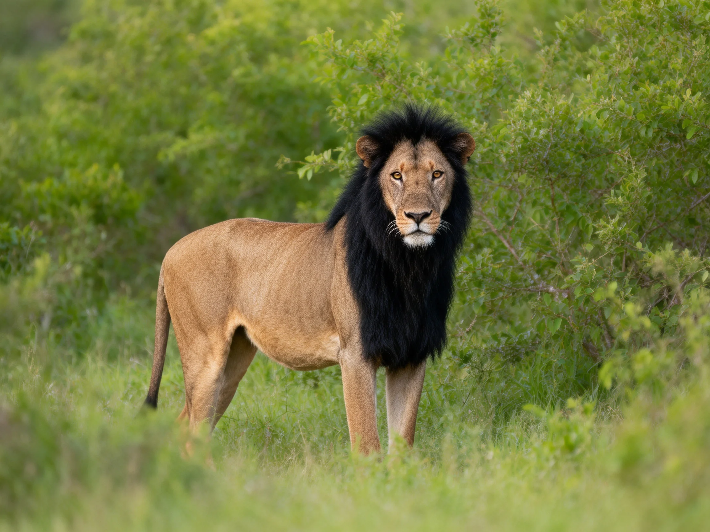 A majestic male lion with a dark mane stands amidst dense green vegetation.