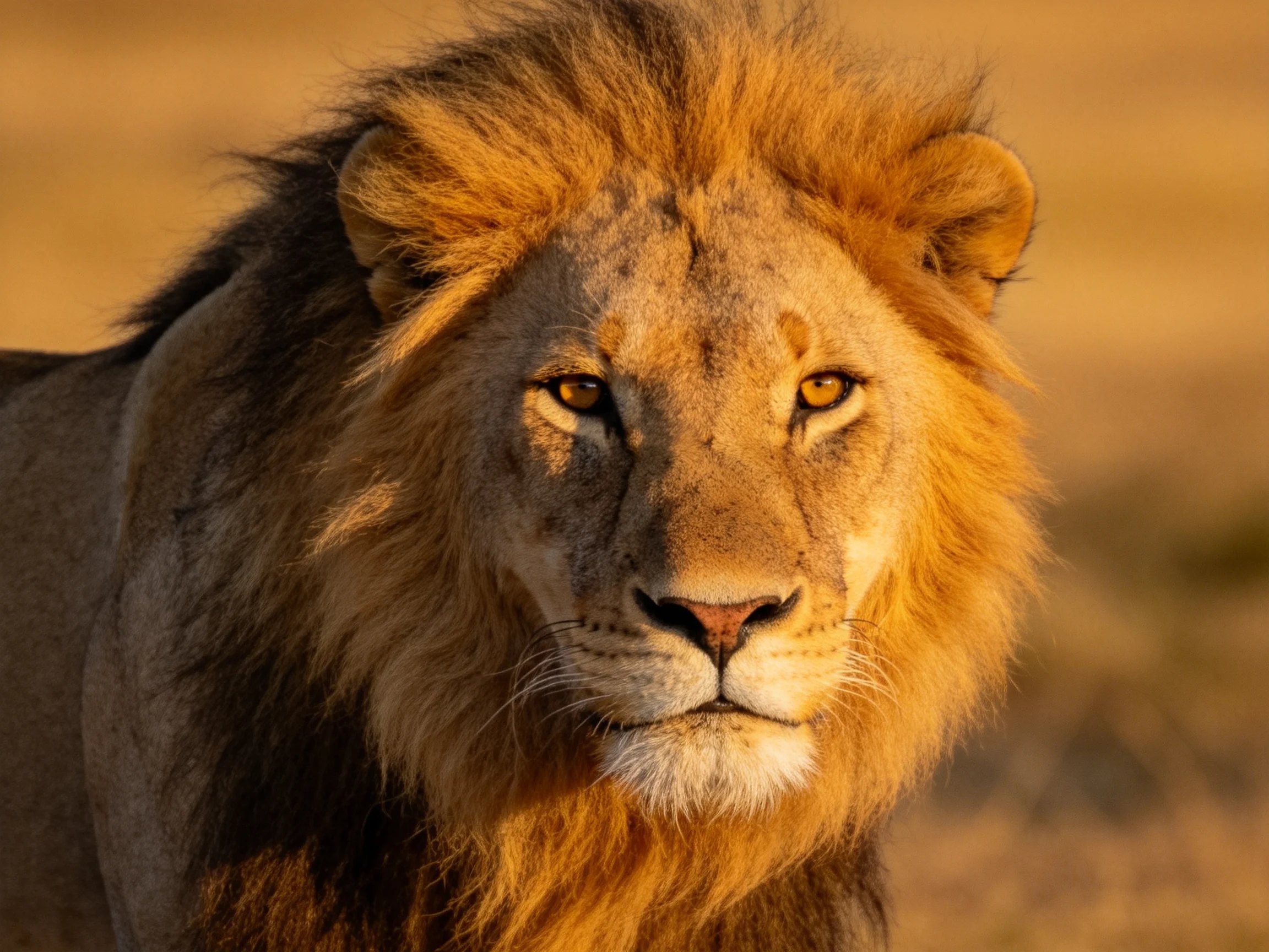 A majestic male lion with golden mane in savannah sunlight