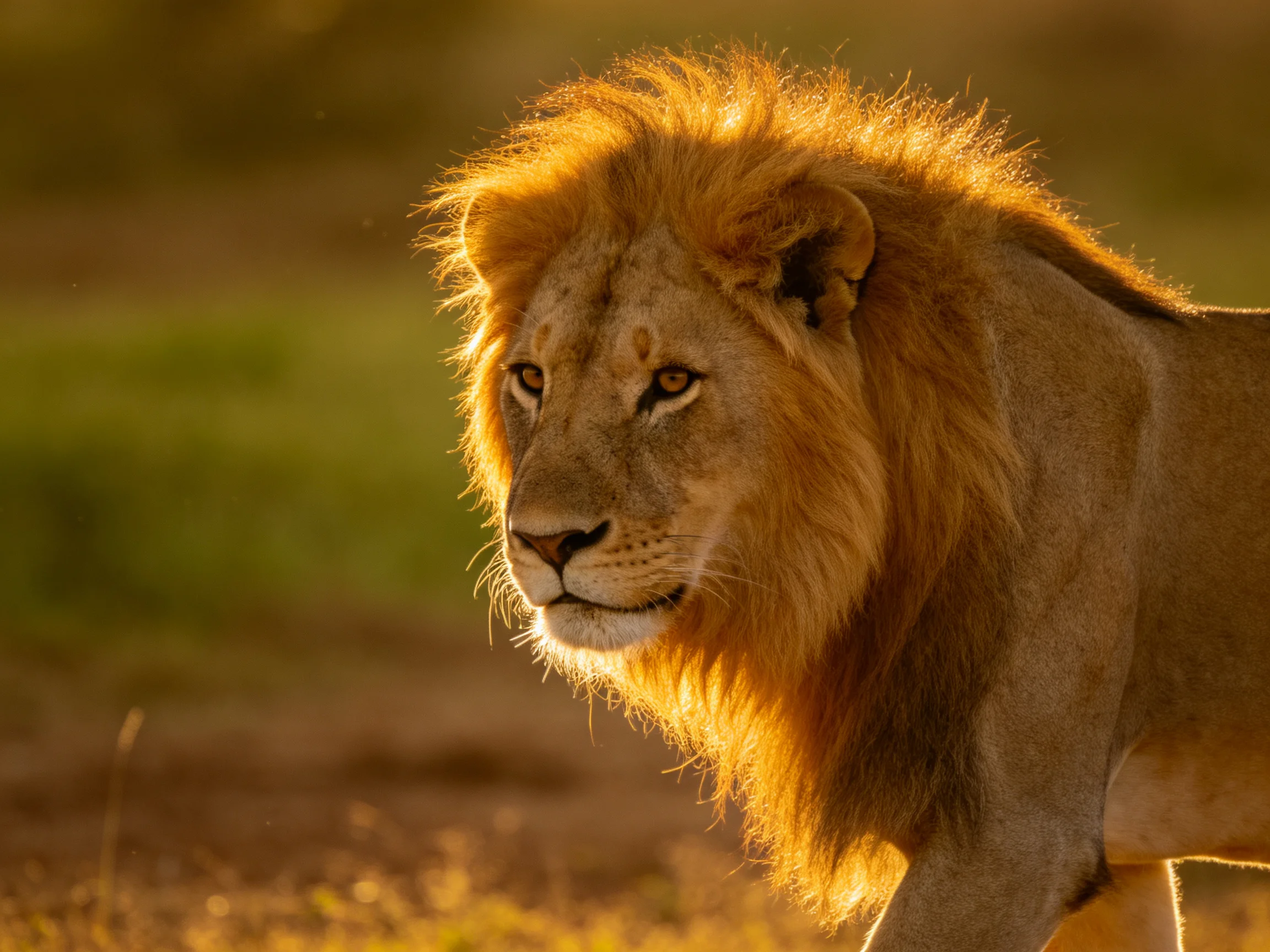 A majestic male lion with golden mane in sun-drenched savannah