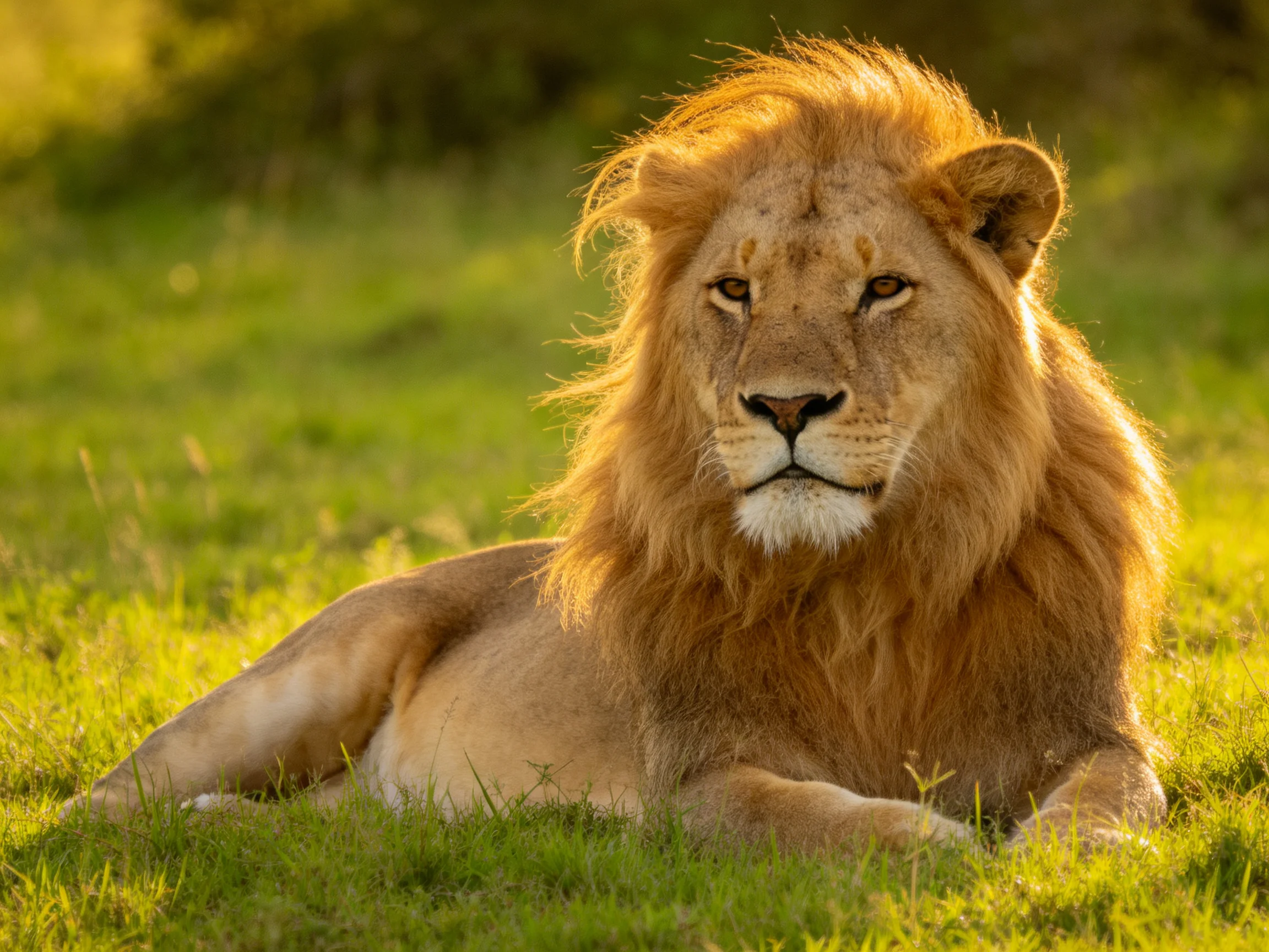 A majestic male lion with golden mane lies in sunlit green grass